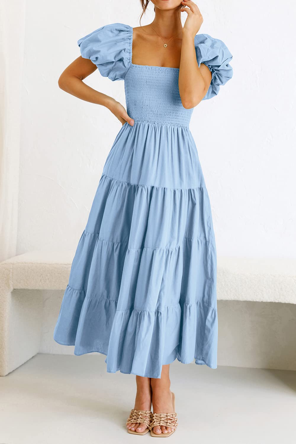 PRETTYGARDEN Women's Casual Summer Midi Dress Puffy Short Sleeve Square Neck Smocked Tiered Ruffle Dresses