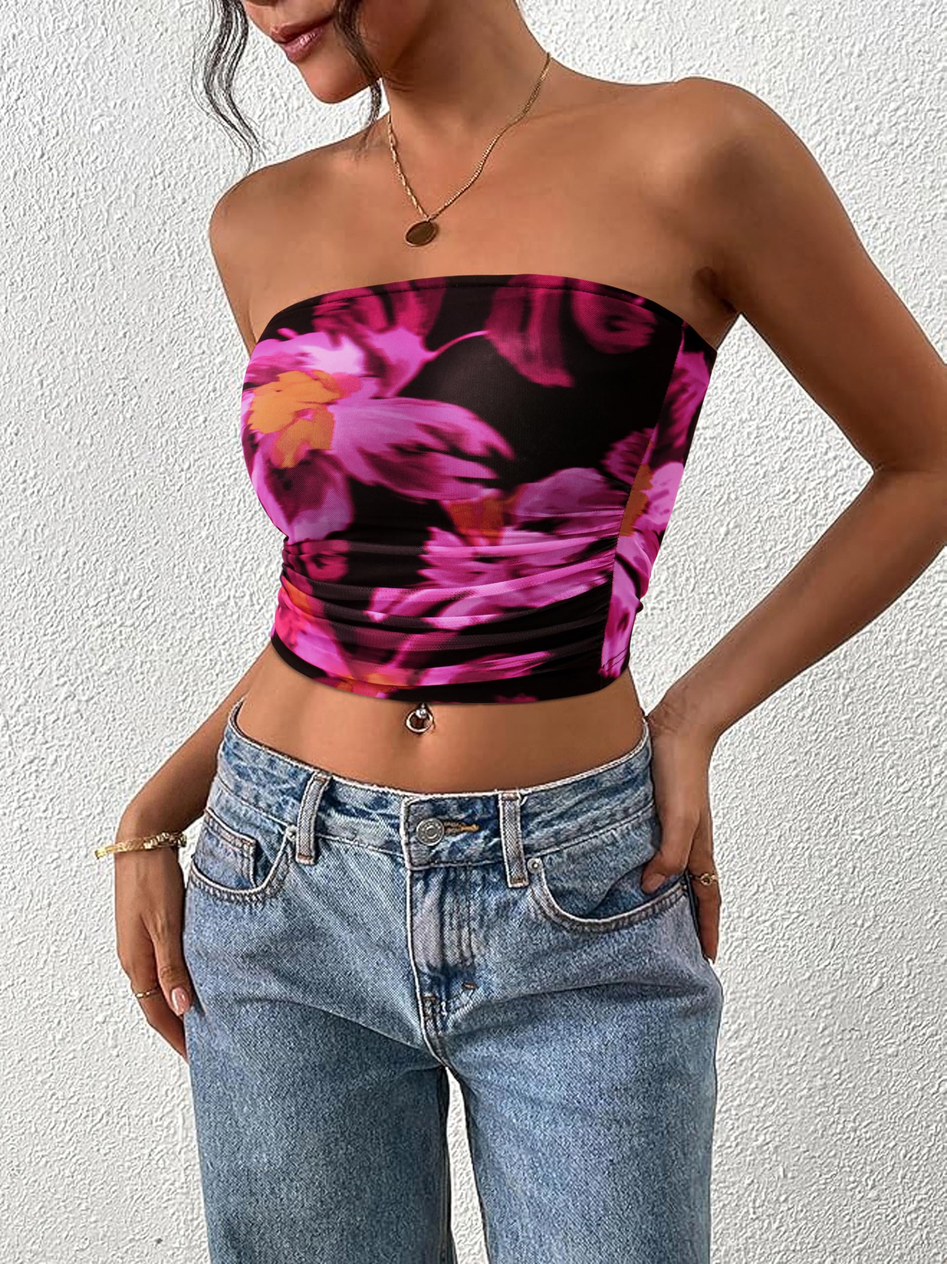 FreshPretty Womens Fashion Summer Floral Mesh Tube Top Ruched Going Out Bandeau Sleeveless Strapless Crop Tops Y2k Clothes