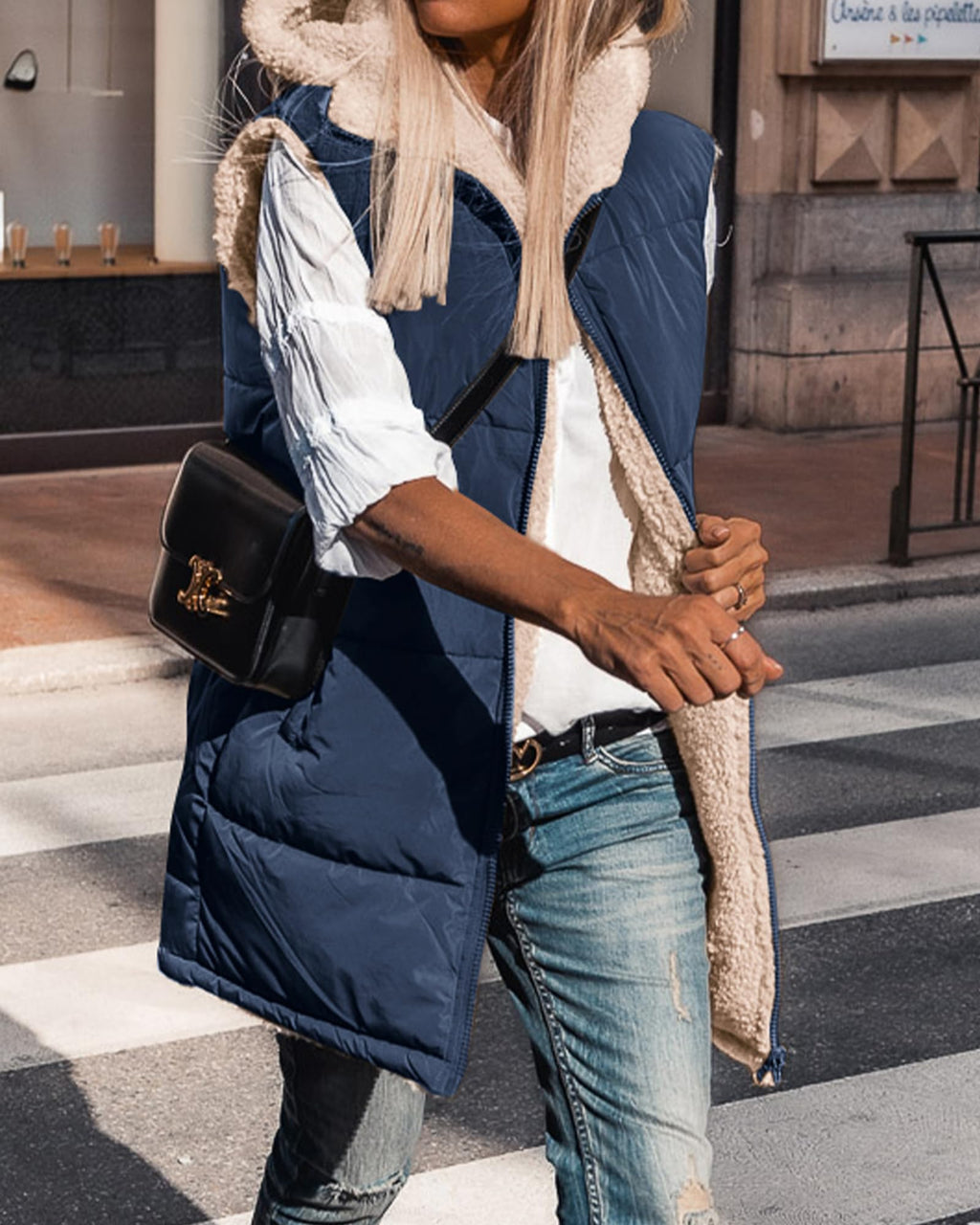 BTFBM Long Puffer Vest Women Fleece Sherpa Jacket Sleeveless Hooded Reversible Zip Up Winter Coat Fall Vests Outerwear