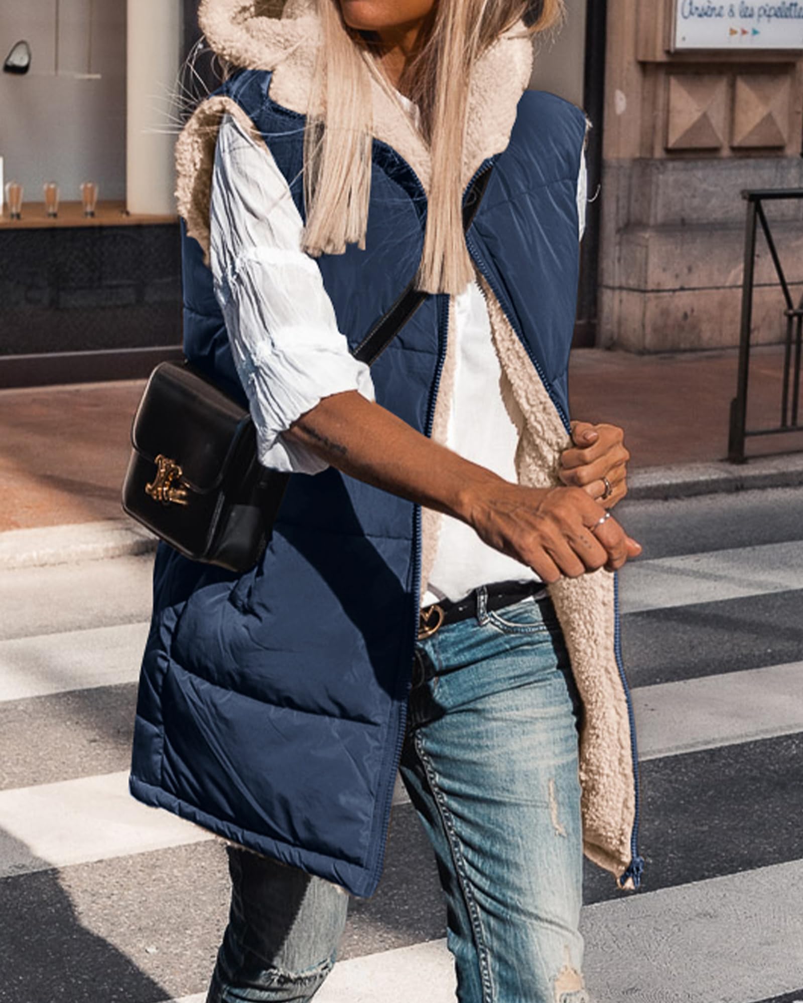 BTFBM Long Puffer Vest Women Fleece Sherpa Jacket Sleeveless Hooded Reversible Zip Up Winter Coat Fall Vests Outerwear