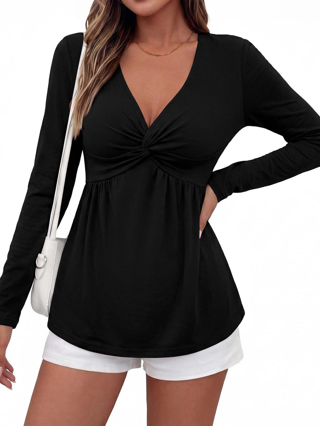BTFBM Babydoll Tops for Women Fall Clothes Long Sleeve Shirts Peplum Top Twist Front Empire Waist V Neck Shirts, Fashion Clothing, Dressy Casual Blouses, Daily Wear Going Out Date Night Outfits