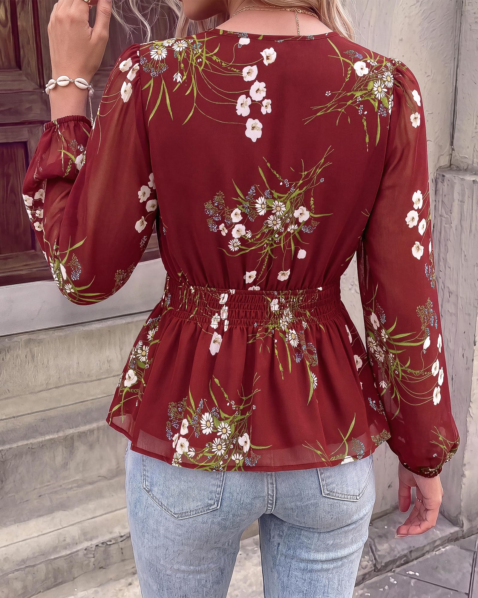 BTFBM Womens Tops Dressy Casual Floral V Neck Long Sleeve Chiffon Shirts | Chiffon Lantern Sleeve Flowy Peplum Sheer Top,Elastic Waist Babydoll Blouses,Boho Vacation Outfits,Fall Fashion Clothing