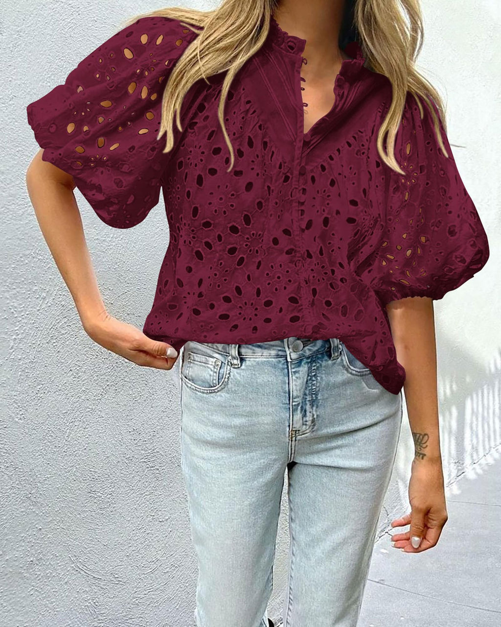PRETTYGARDEN Women's Summer Tops Dressy Casual Short Sleeve V Neck Buttons Hollow Out Lace Embroidered Blouses Shirts
