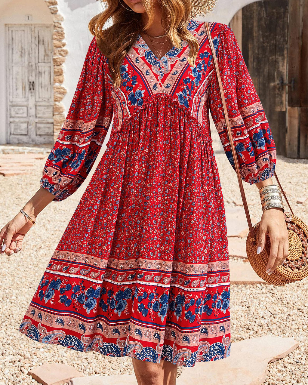 BTFBM Women Casual Spring Summer Dresses V Neck 3/4 Long Sleeve Ruffle Floral Flowy Boho Babydoll Mini Short Beach Dress