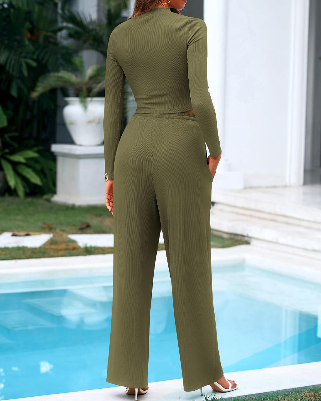 BTFBM Casual 2 Piece Sets For Women Fall Outfits Ribbed Spring Long Sleeve Crop Top Wide Leg Pants Matching Lounge Set