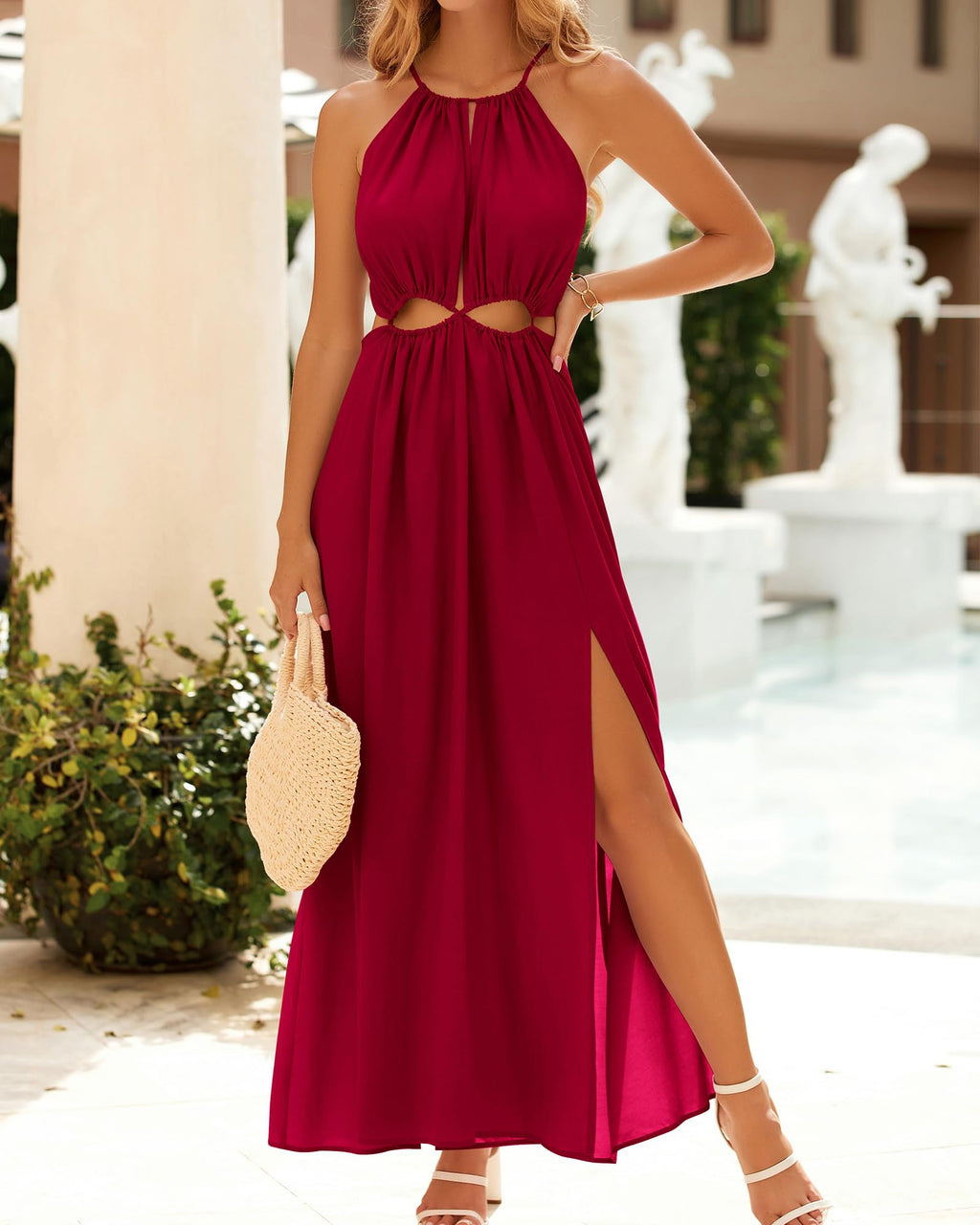 BTFBM Women Halter Summer Dresses Sleeveless Cutout Backless Sundress Slit Boho Maxi Beach Wedding Guest Dress