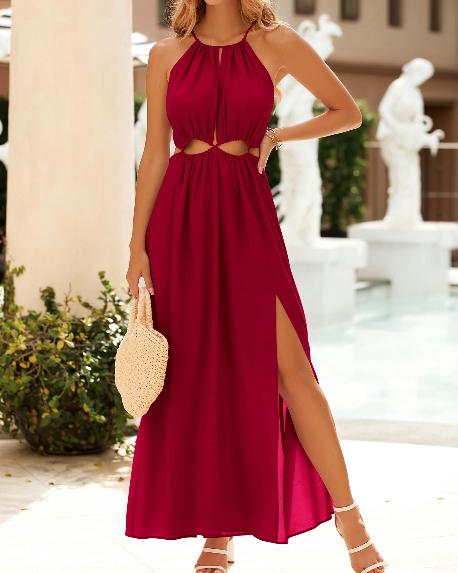 BTFBM Women Halter Summer Dresses Sleeveless Cutout Backless Sundress Slit Boho Maxi Beach Wedding Guest Dress