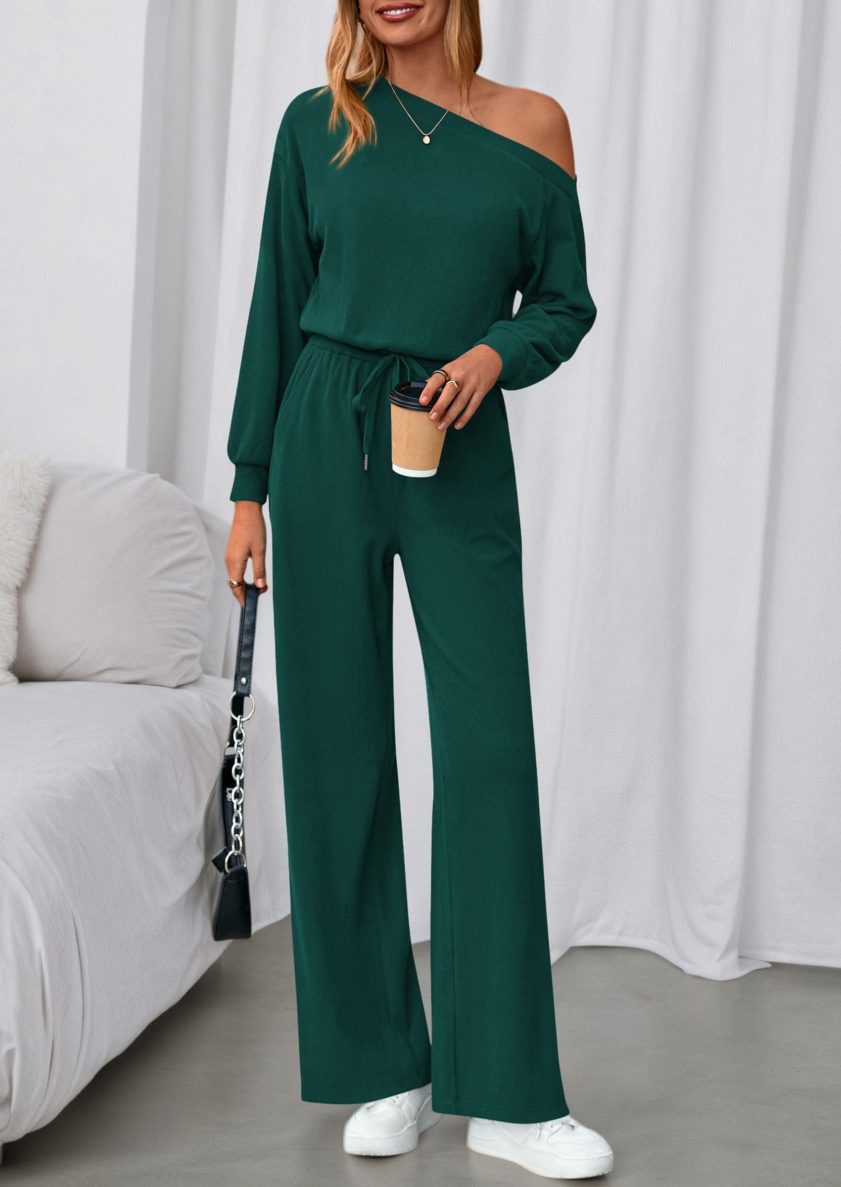 PRETTYGARDEN Long Sleeve Jumpsuit For Women Dressy Off Shoulder One Piece Loose Wide Leg Jumpsuits Casual Flowy Romper