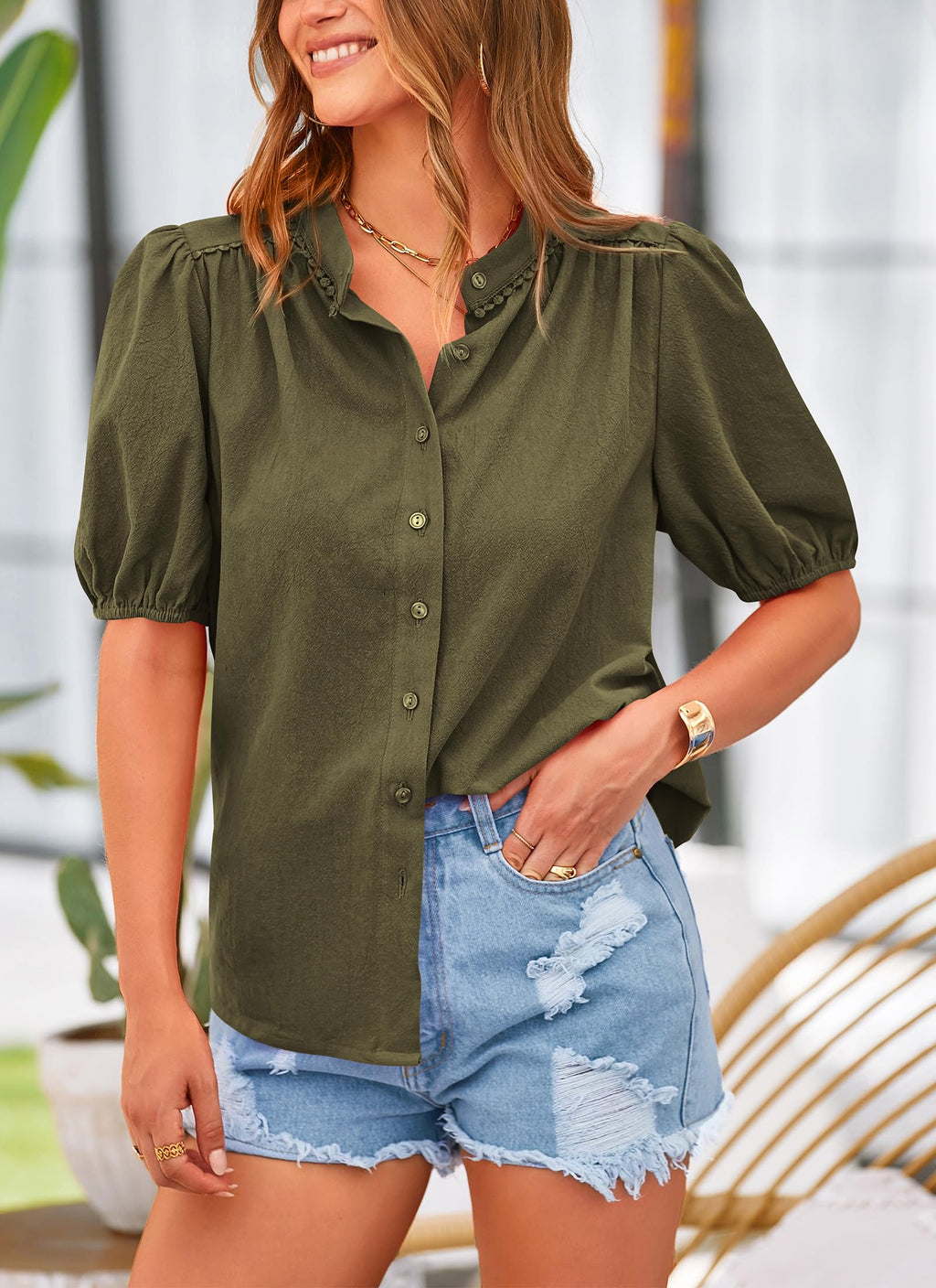 PRETTYGARDEN Women's Summer Button Down Shirts Short Lantern Sleeve V Neck Cotton Cute Dressy Casual Ladies Tops Blouses