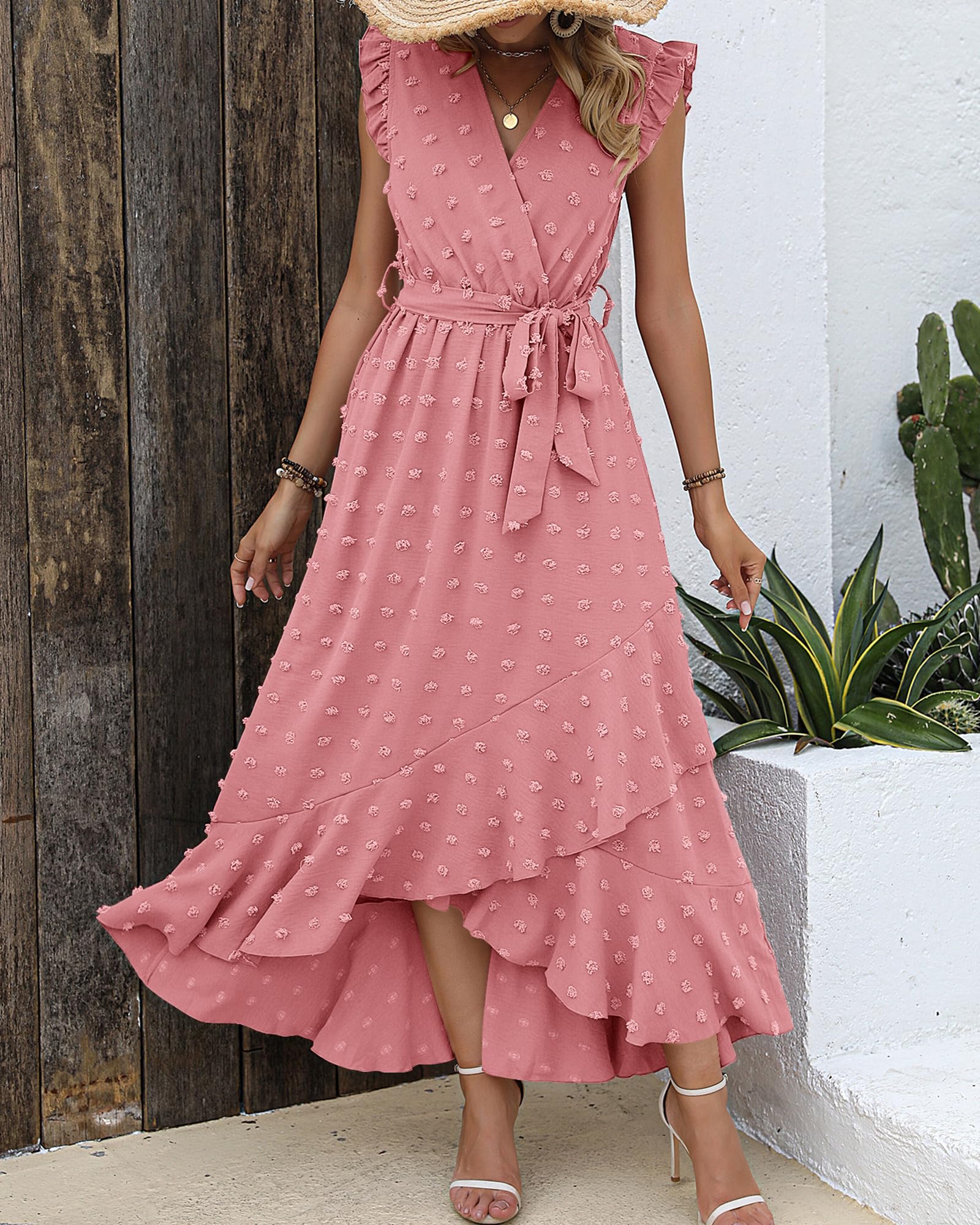 BTFBM Boho Dresses for Women Spring Fashion Cap Sleeve Swiss Dot Flowy Ruffle Beach Wedding Cocktail Maxi Dress