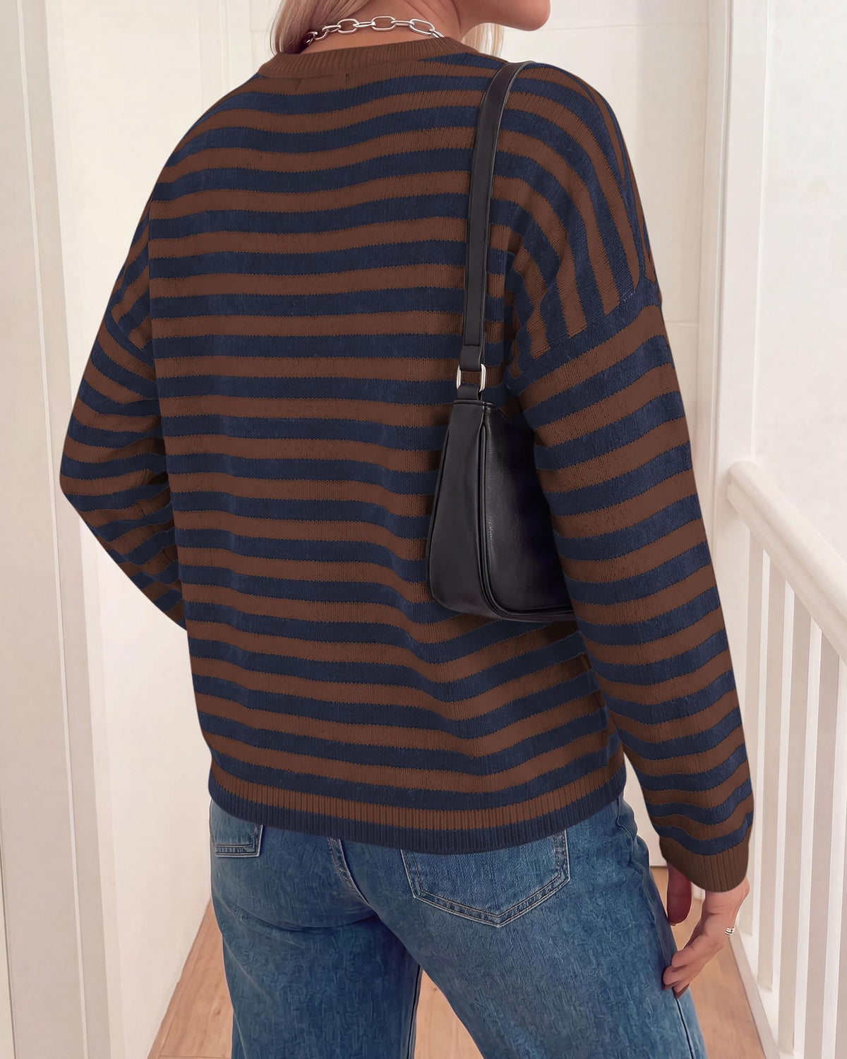 BTFBM Women's Lightweight Oversized Striped Sweater | Soft Knit Cozy Sweaters, Crew Neck Long Sleeve Pullover, y2k Color Block, Casual Holiday Outfits, Winter Fall Clothes