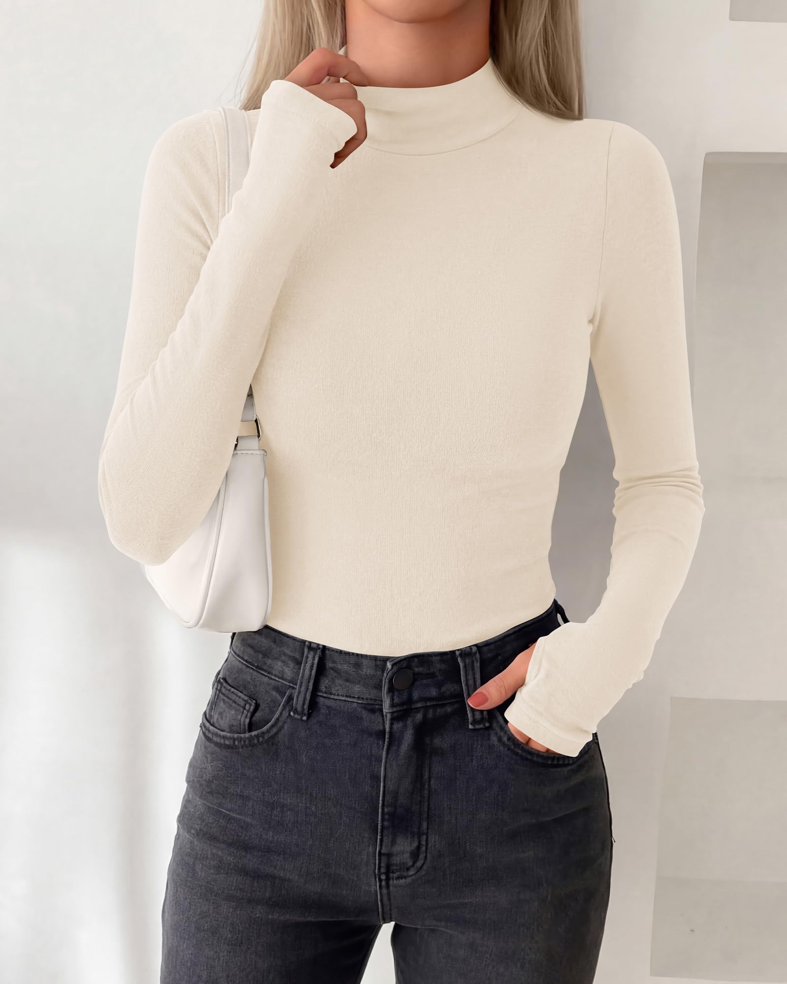 BTFBM Turtleneck Tops for Women Thumbhole Long Sleeve Shirts | Lightweight Fleece Lining, Casual Basic Layering Top, Slim Fit Stretch Winter Thermal Underwear, Fall Fashion Clothing