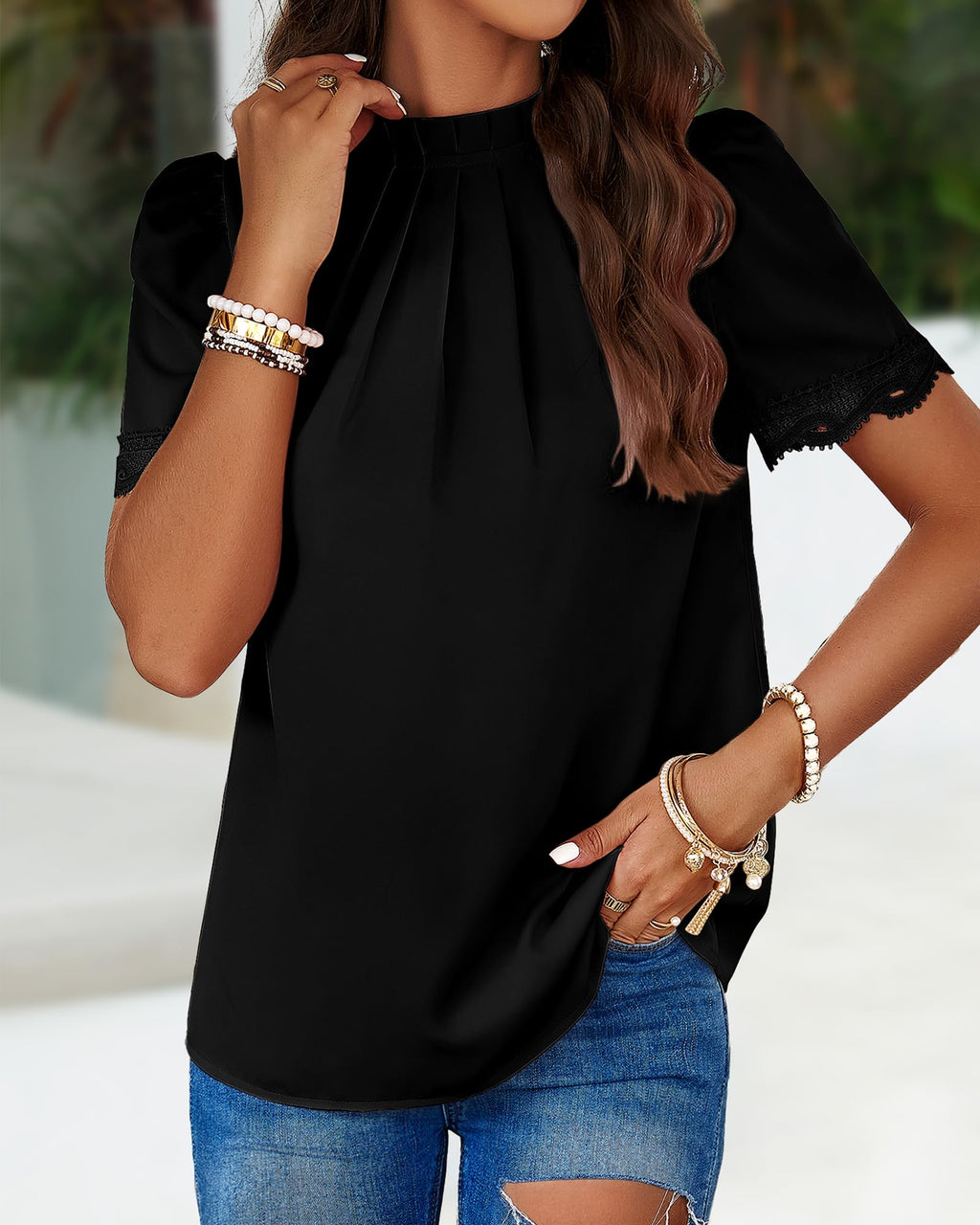 FreshPretty Women's Dressy Casual Blouses Business Work Tops Lace Trim Short Sleeve Office Shirts Summer Spring Outfits