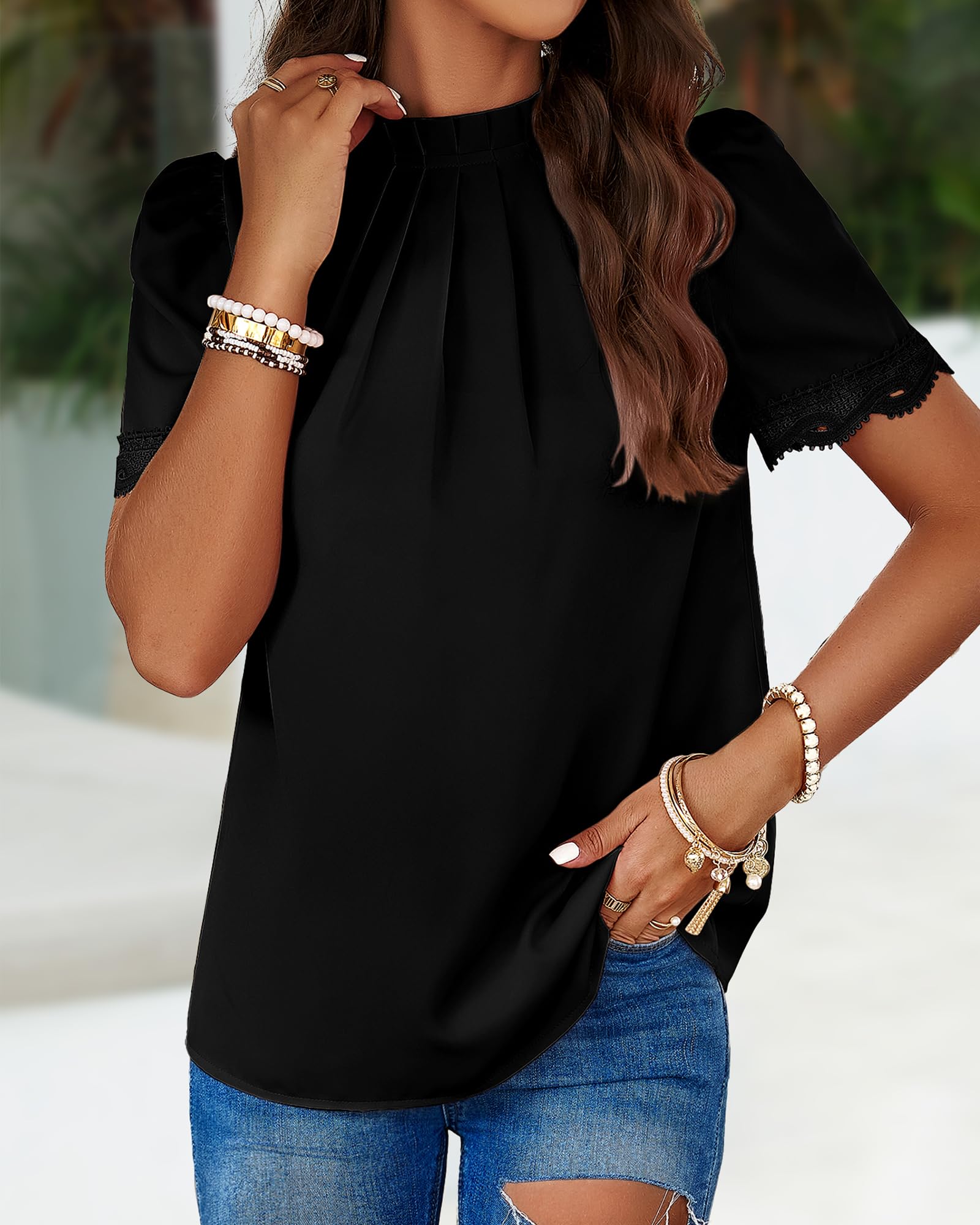 FreshPretty Women's Dressy Casual Blouses Business Work Tops Lace Trim Short Sleeve Office Shirts Summer Spring Outfits