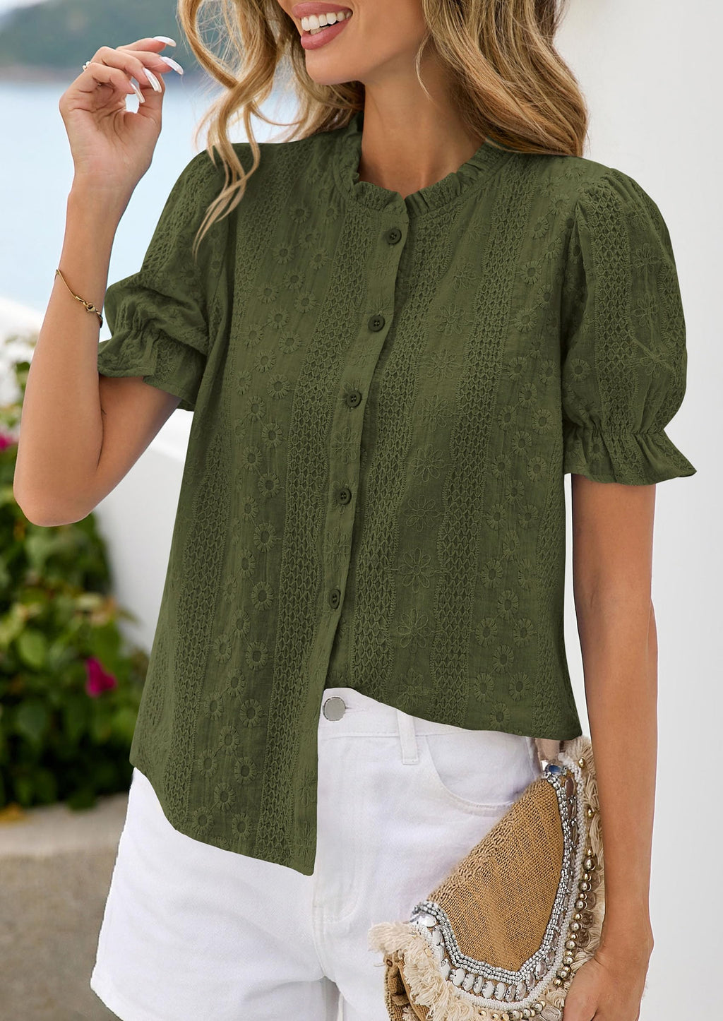 PRETTYGARDEN Womens Puff Short Sleeve Tops  Summer Spring Button Down Boho Embroidered Cute Blouse Dressy Casual Shirts