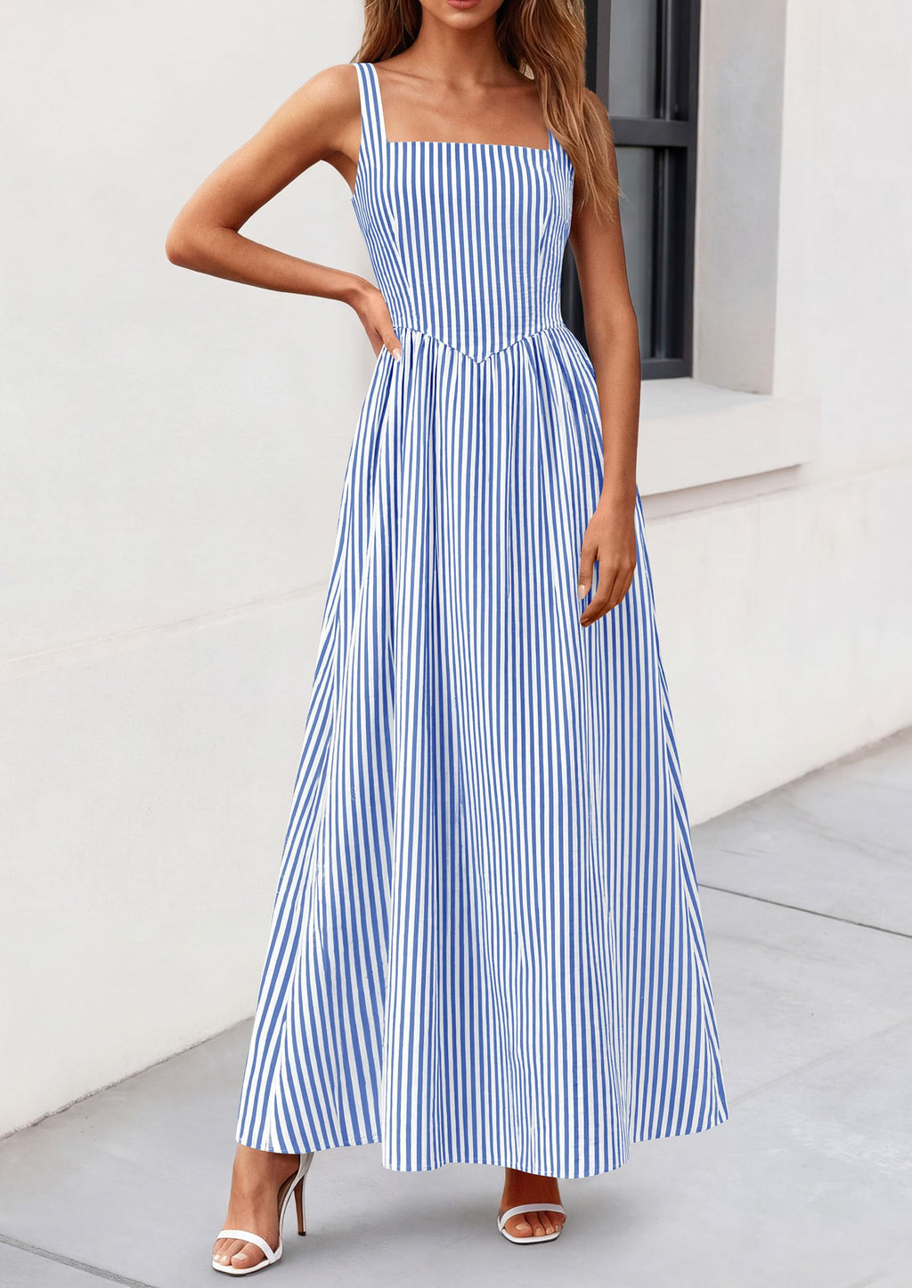 PRETTYGARDEN Women's Maxi Striped Dress Summer Sleeveless Square Neck Smocked A Line Long Flowy Spring Vacation Sundress