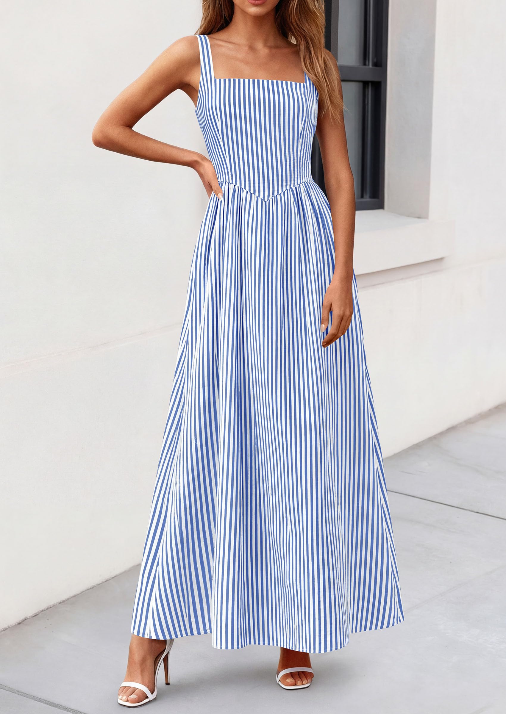 PRETTYGARDEN Women's Maxi Striped Dress Summer Sleeveless Square Neck Smocked A Line Long Flowy Spring Vacation Sundress