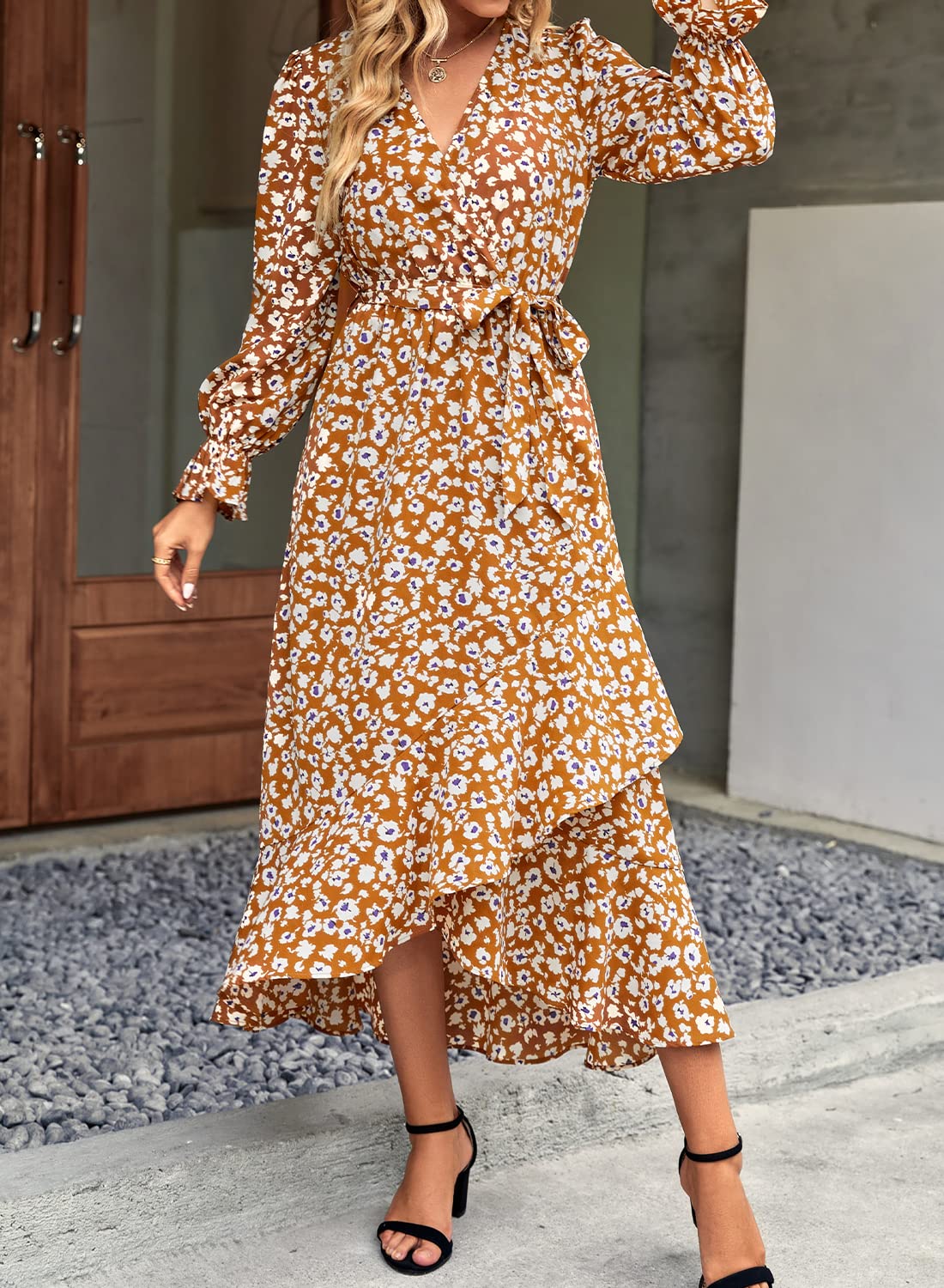 BTFBM Womens Dresses Summer V Neck Floral High Waist Ruffle Wedding Guest Cocktail Boho Spring Long Sleeve Dress