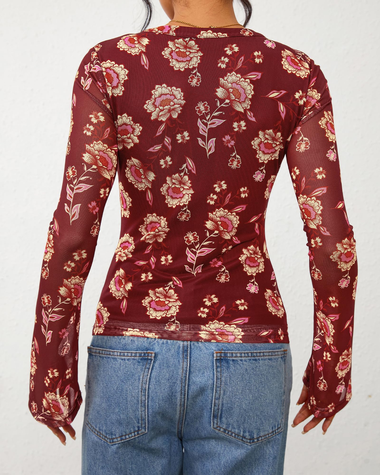 FreshPretty Button Down Shirts for Women Fall Fashion V Neck Long Sleeve Blouse Ruched Mesh Fitted Floral Print Boho Tops