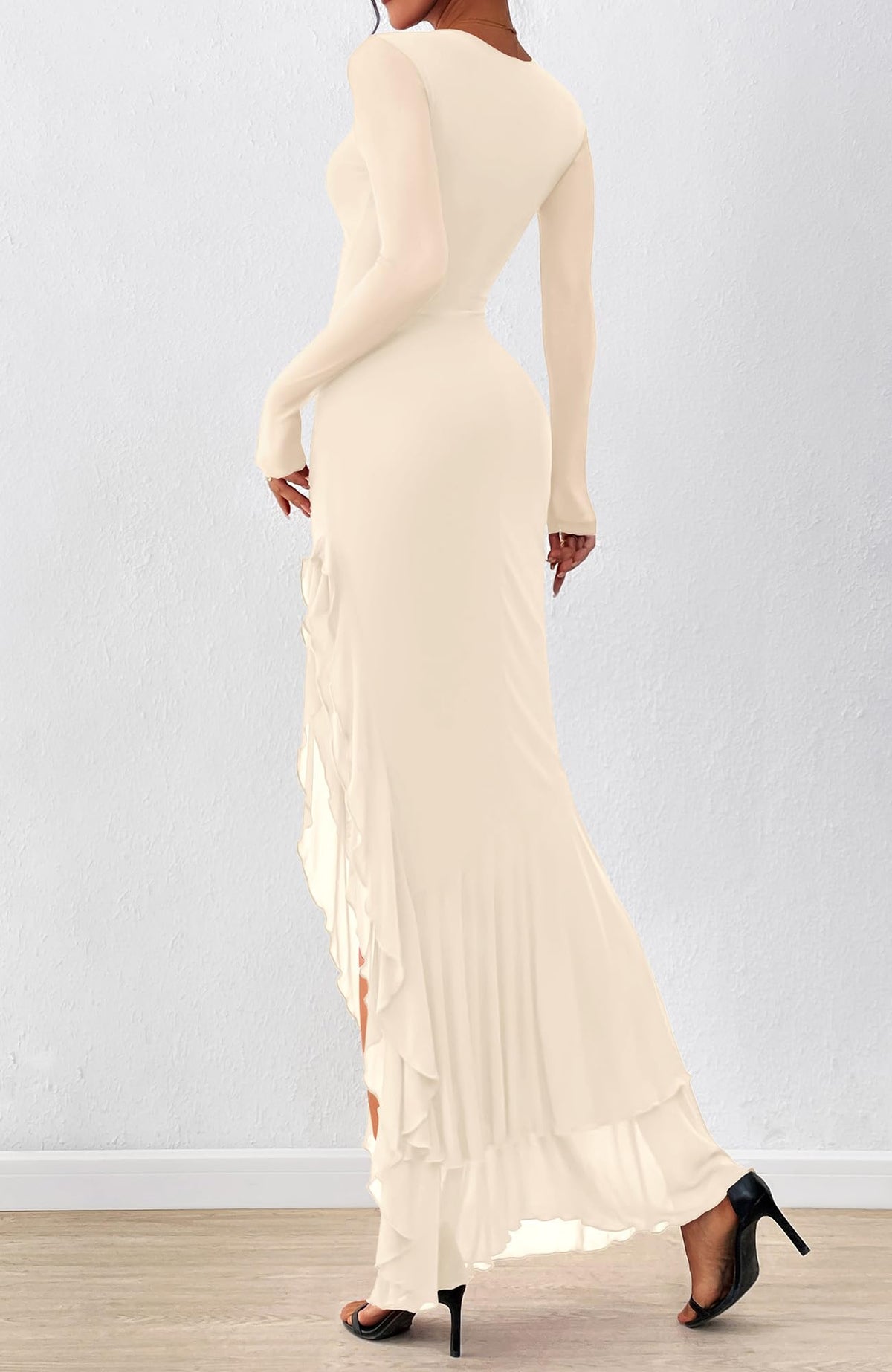 BTFBM Women's Maxi Dresses Fall Long Sleeve Wedding Guest Dress Mesh,Ruched,Bodycon,High Split,Solid Color,Ruffle, Mermaid,Cocktail Dresses,Prom,Party,Homecoming Dress,Fall Outfits