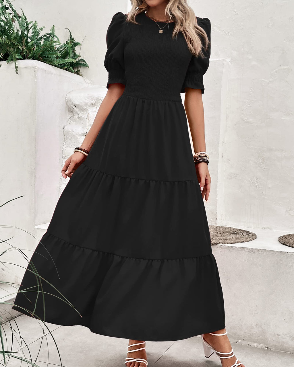 FreshPretty Women Casual Summer Dresses Spring Crew Neck Ruffle Short Sleeve Floral Print Smocked Boho Flowy Maxi Dress