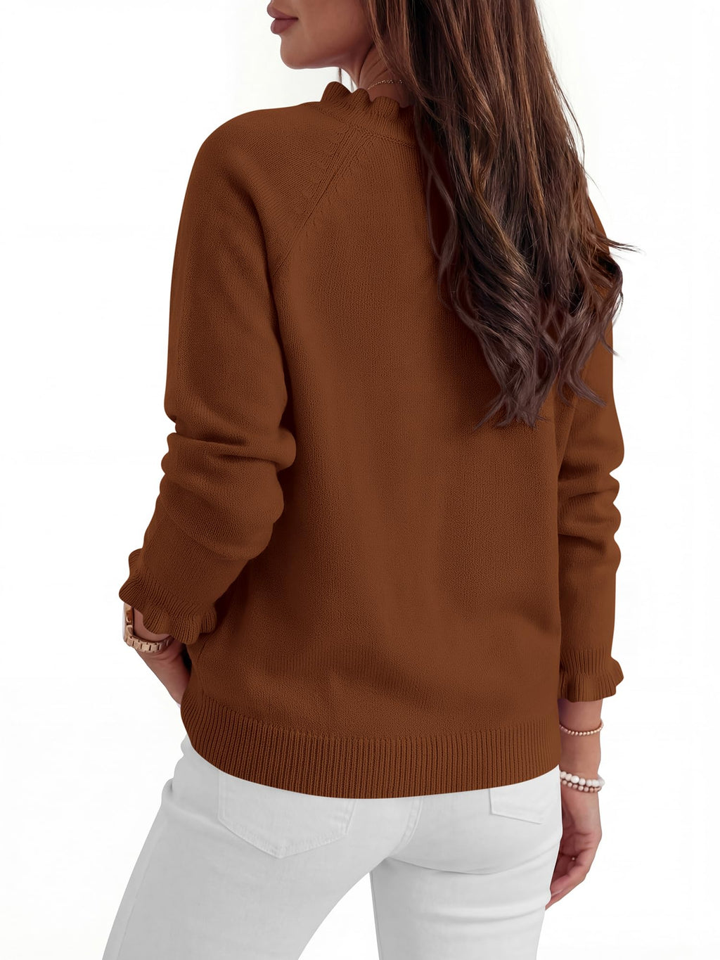 BTFBM Womens Sweaters Fall Winter Clothes Long Sleeve Button Down Ruffle Crew Neck Casual Knitted Pullover Tops