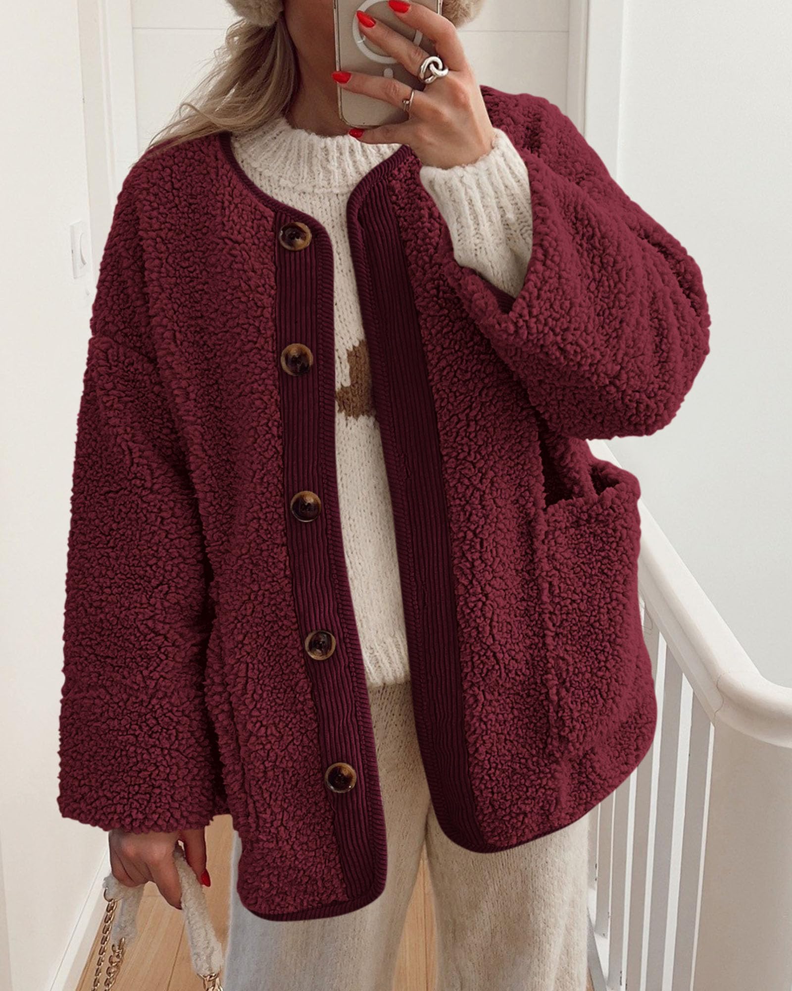 PRETTYGARDEN Women's Winter Coats Long Sleeve Button up Fuzzy Sherpa Fleece Jackets Outerwear Fall Fashion Clothes