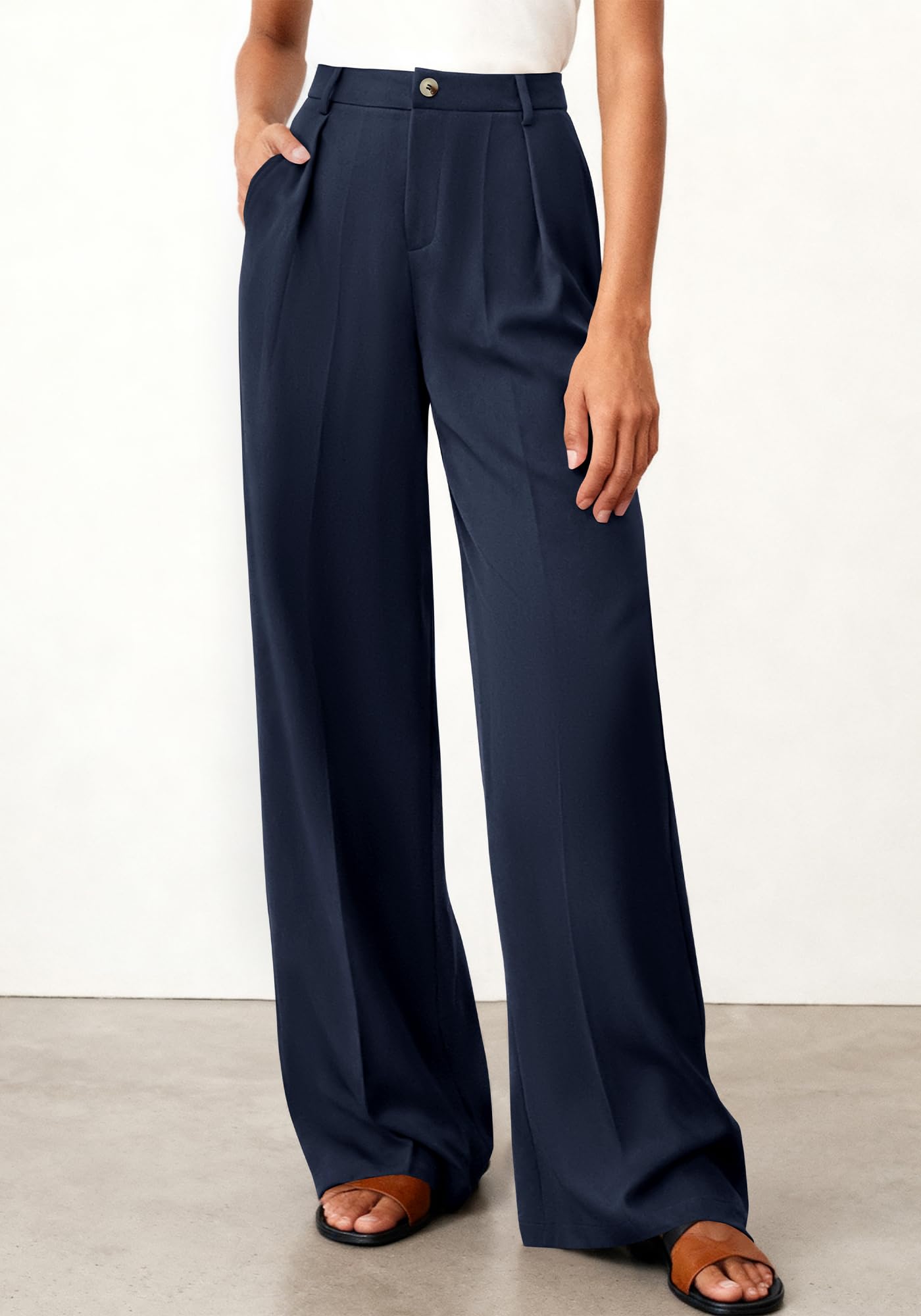 BTFBM Wide Leg Pants Woman High Waisted Button Business Casual Dressy Trousers Office Work Palazzo Pants Pockets