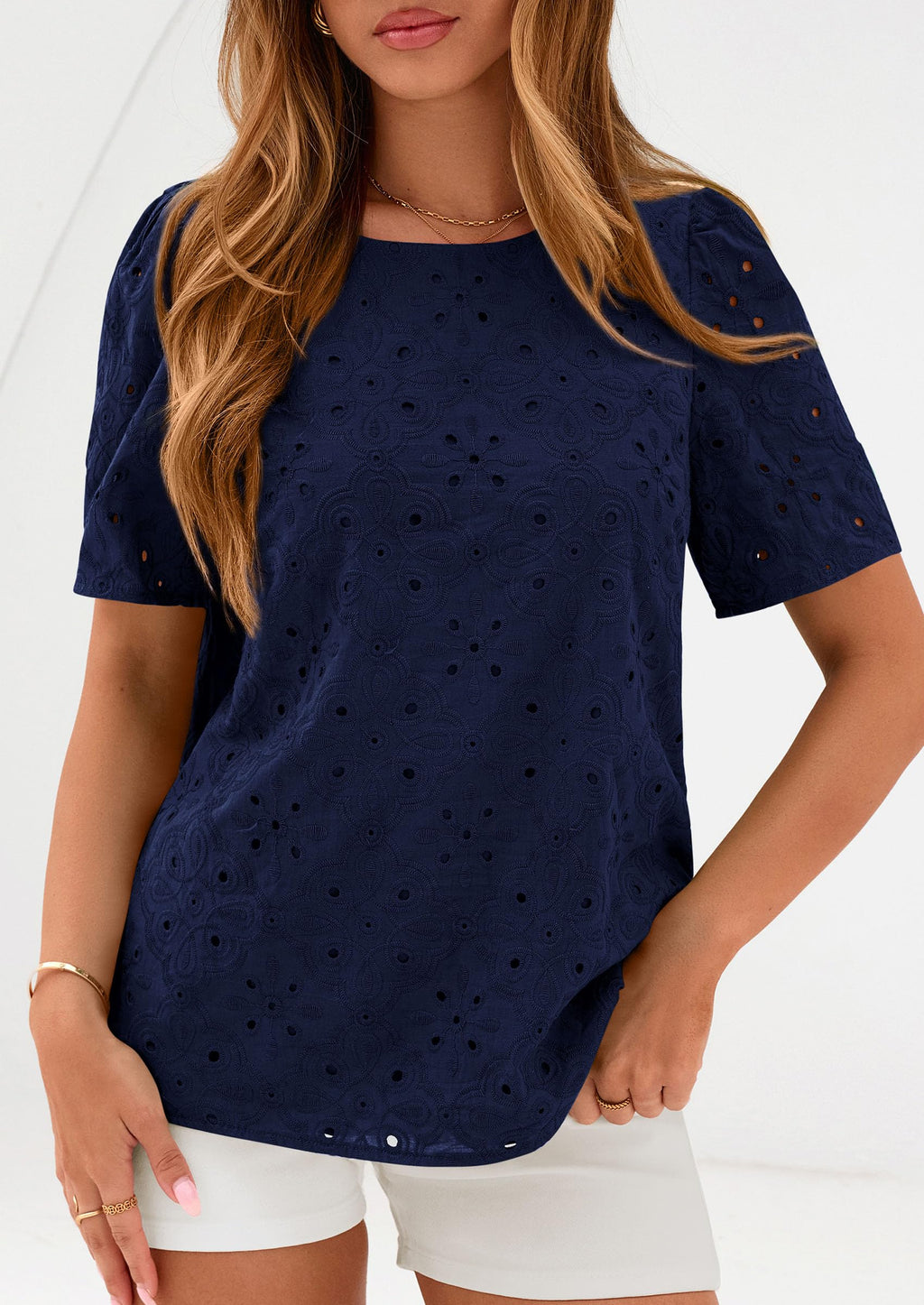PRETTYGARDEN Women's Puff Short Sleeve Eyelet Shirts Summer Lace Blouses Dressy Casual Work Tops Spring Teacher Clothes