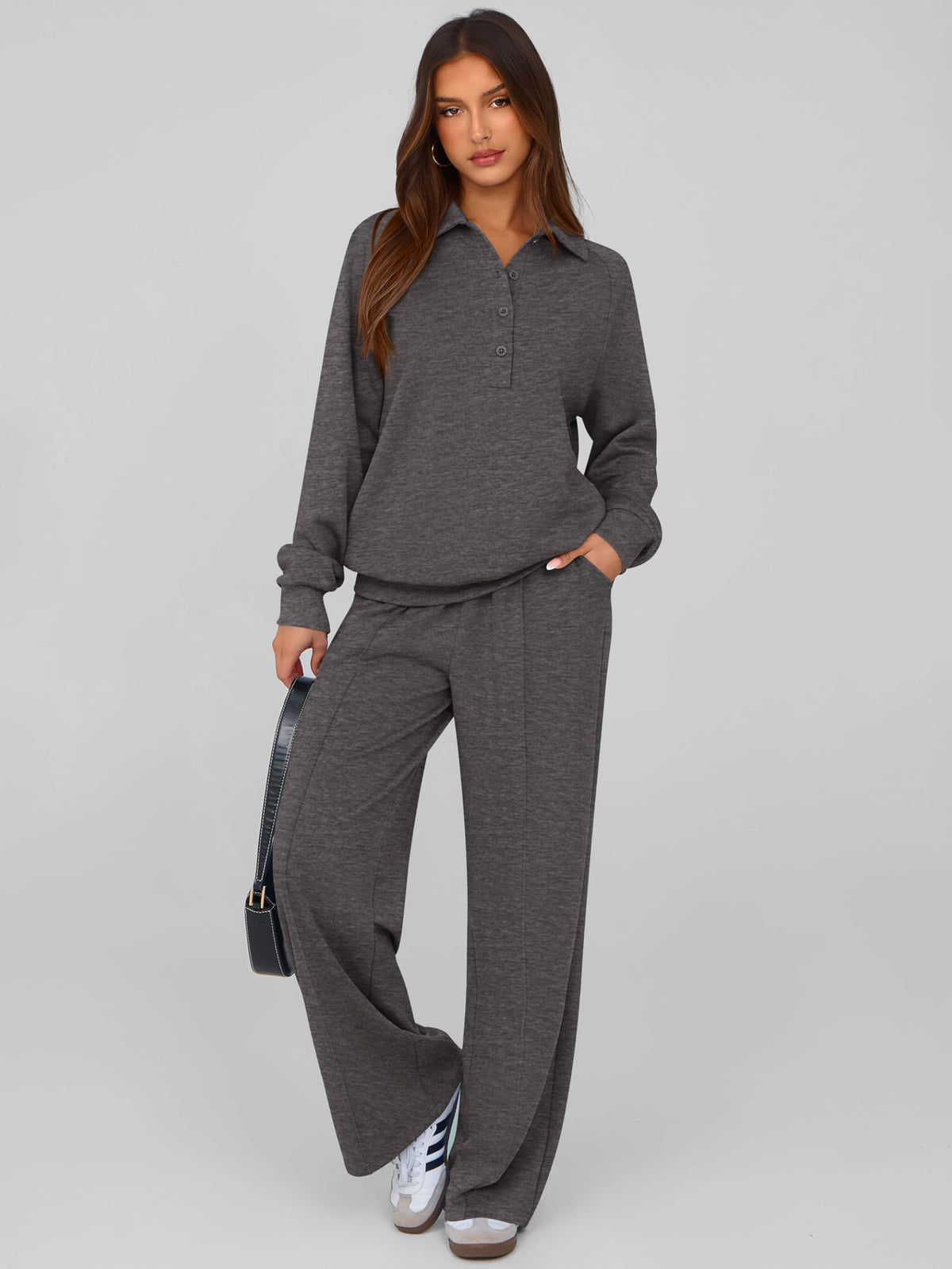 PRETTYGARDEN Women Fall 2 Piece Outfits Sweatsuits Lounge Sets Quarter Button Long Sleeve Sweatshirt, Wide Leg Sweat Pants, Casual 2 Piece Sets Tracksuit, Airport Travel Outfits for Women