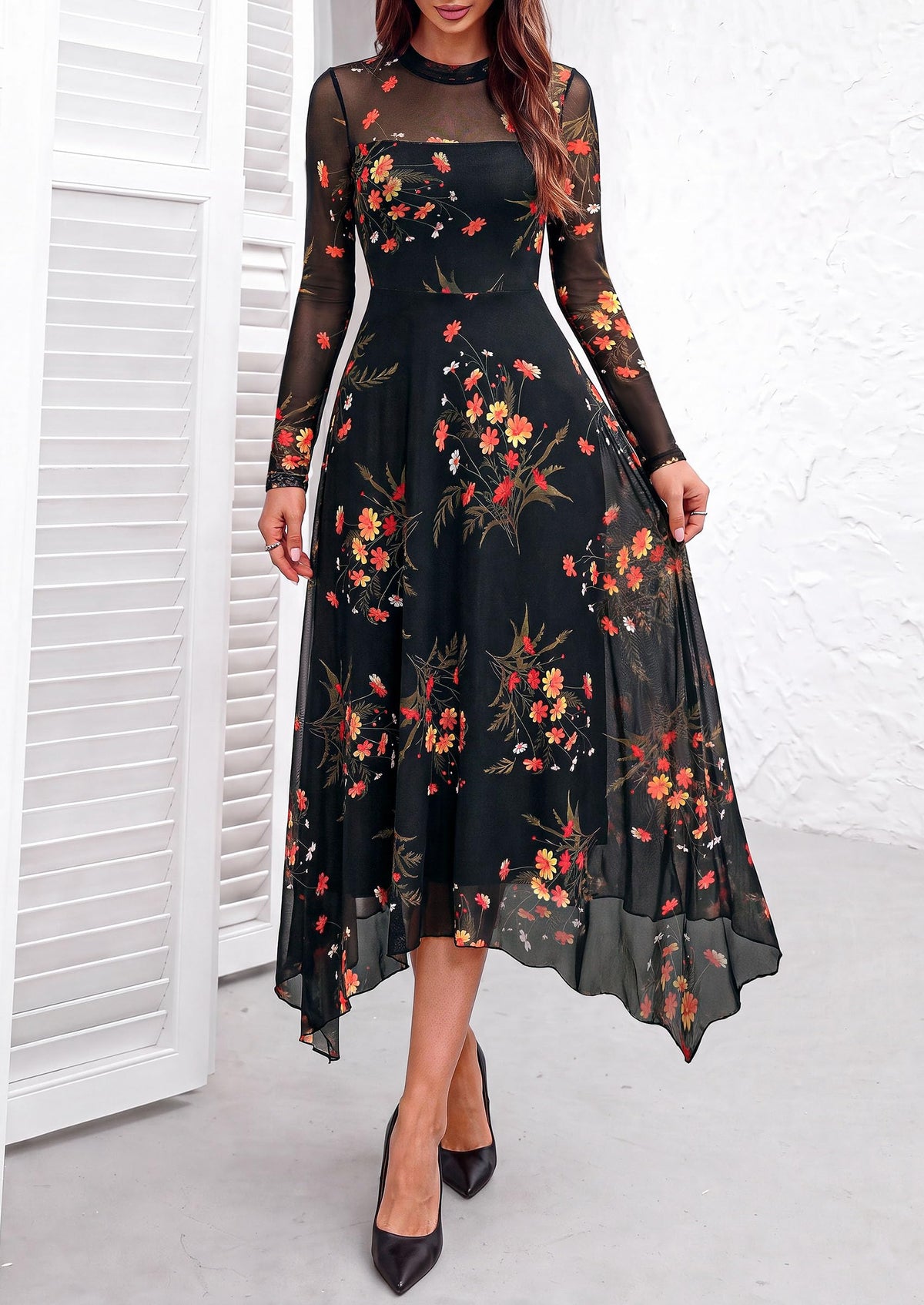 PRETTYGARDEN Women's Floral Mesh Midi Dress