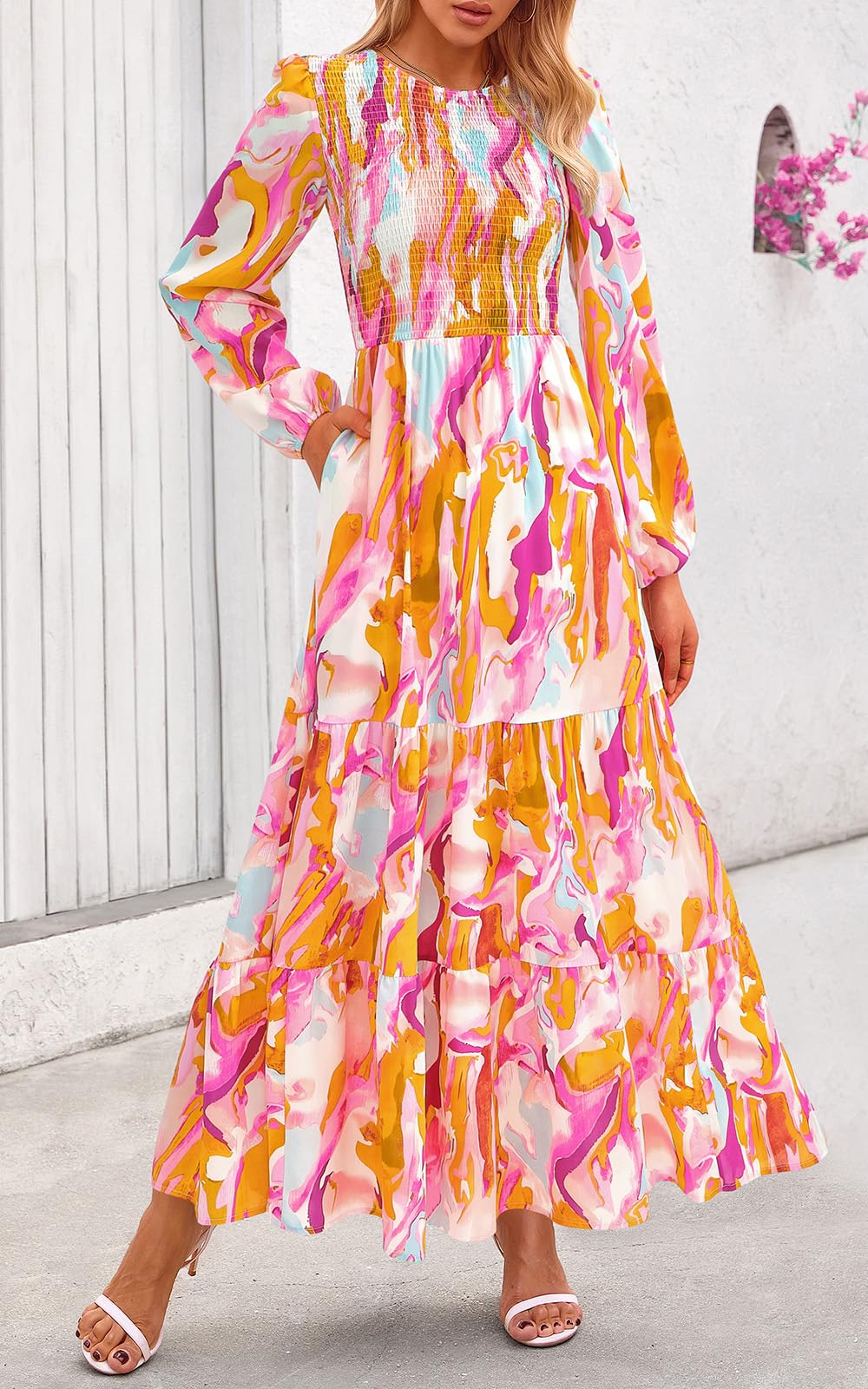 PRETTYGARDEN Women's Fall Dresses Long Sleeve Flowy Casual Floral Maxi Dress Crew Neck Smocked Tiered Long Dress