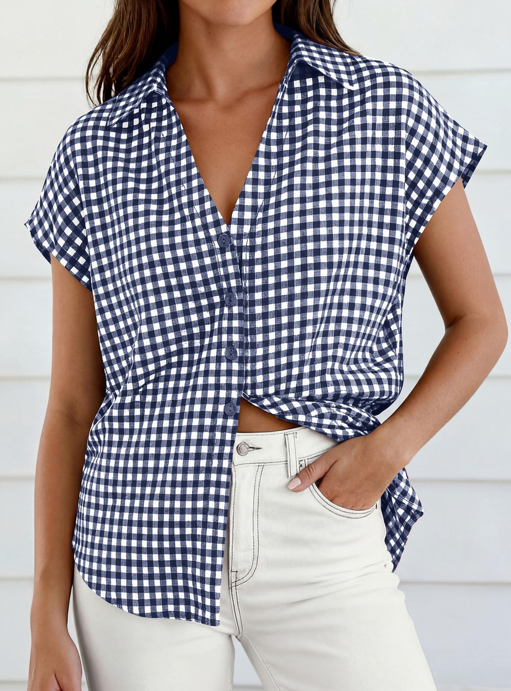 PRETTYGARDEN Womens Short Sleeve Shirts Plaid Button Down Blouse Dressy Casual Summer Spring Business Gingham Work Tops