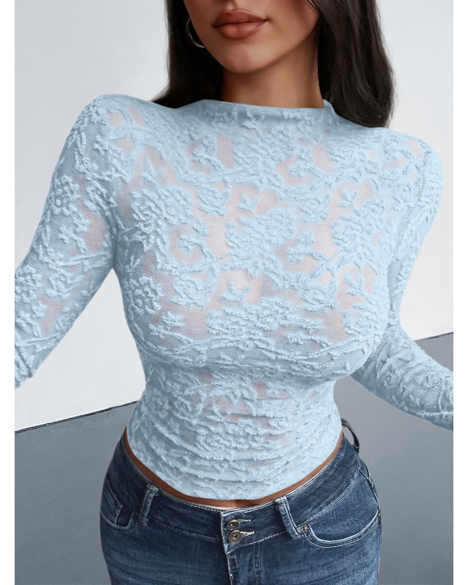 FreshPretty Mesh Long Sleeve Tops for Women Lace Sexy Sheer Tight See Through Crew Neck Spring Fall Party Club Outfits