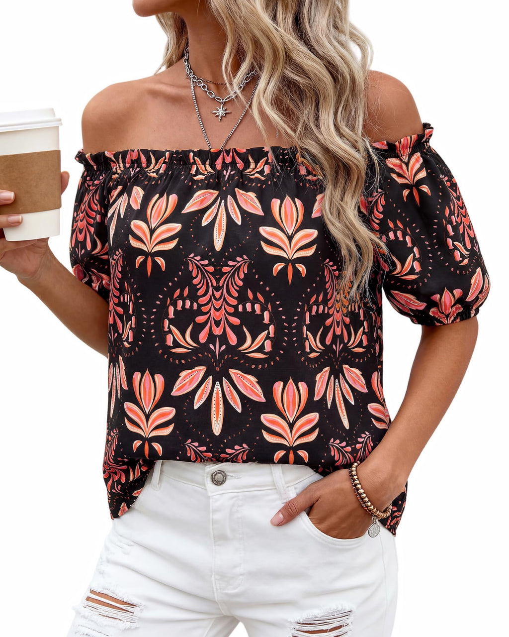 BTFBM Off The Shoulder Spring Tops for Women Summer Blouses Boho Floral Short Sleeve Shirts Dressy Casual Outfits