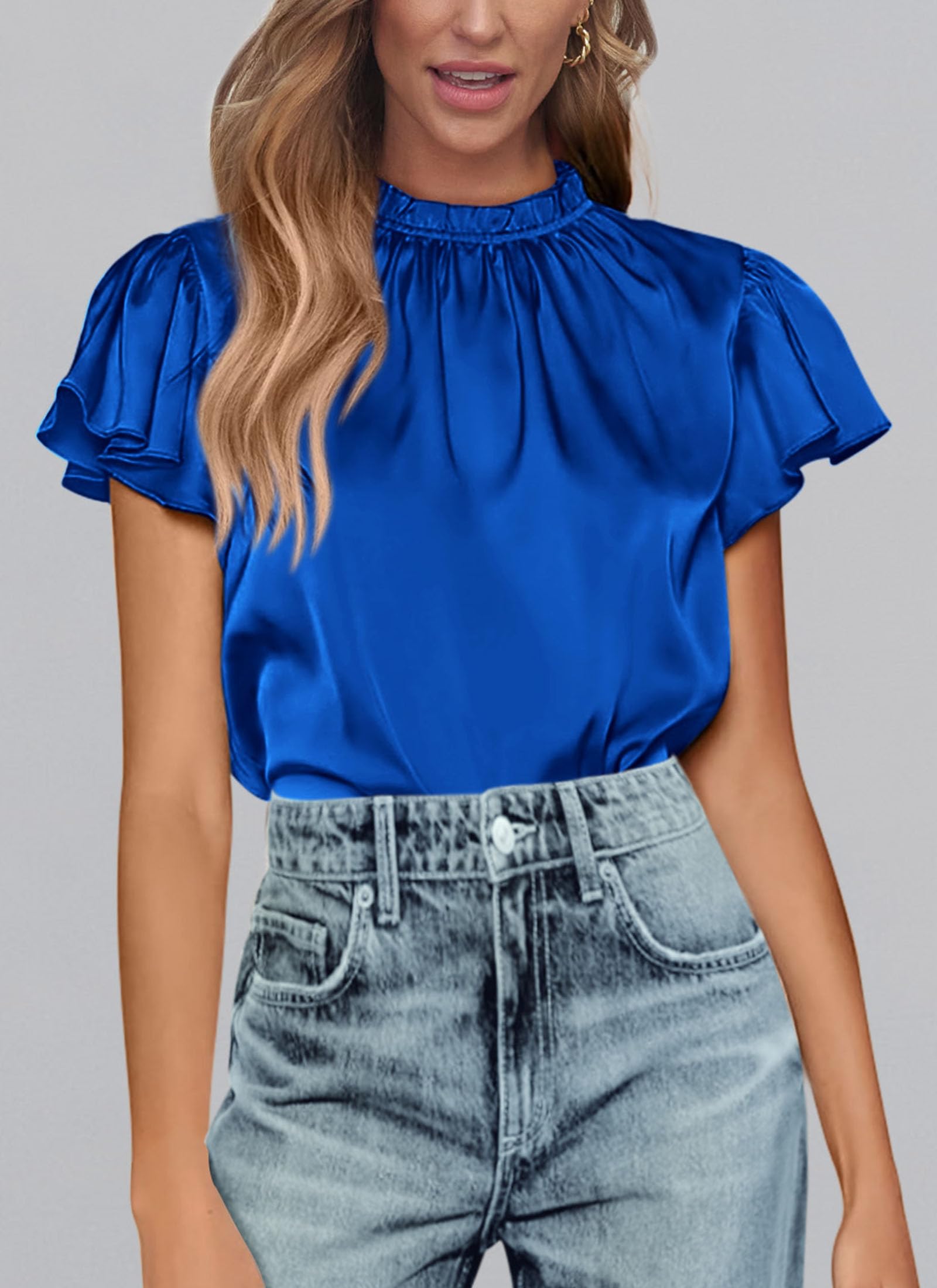 PRETTYGARDEN Business Casual Tops for Women Blouses Dressy  Summer Short Sleeve Ruffle Satin Work Office Attire