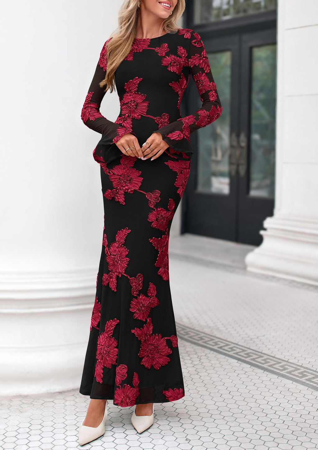 PRETTYGARDEN Women's Formal Floral Maxi Bodycon Dresses Ruffle Long Sleeve, Fall Winter Outfits 2026 for Wedding Guest, Homecoming & Cocktail, Slimming Mesh Dress with Lining