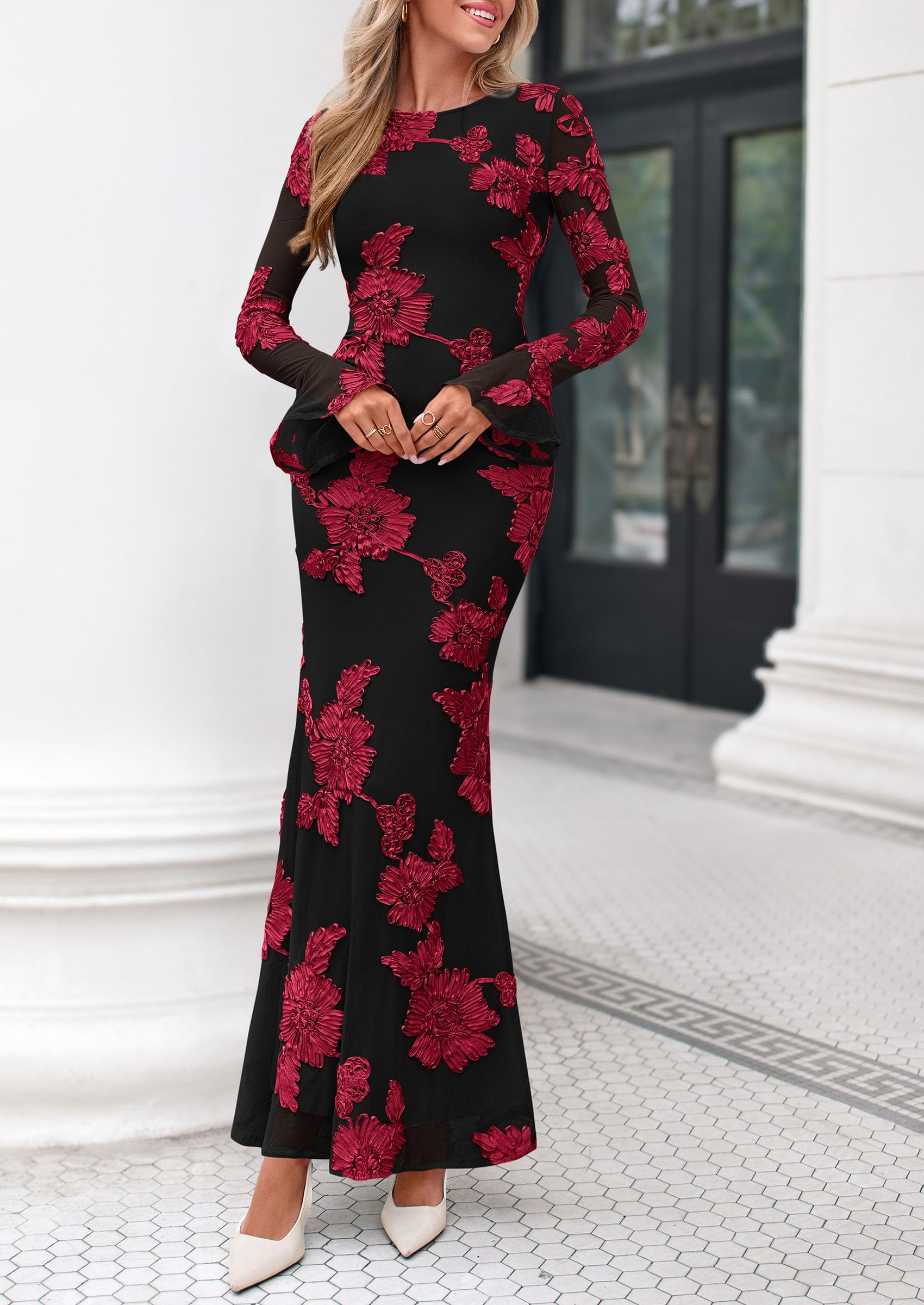 PRETTYGARDEN Women's Formal Floral Maxi Bodycon Dresses Ruffle Long Sleeve, Fall Winter Outfits 2026 for Wedding Guest, Homecoming & Cocktail, Slimming Mesh Dress with Lining