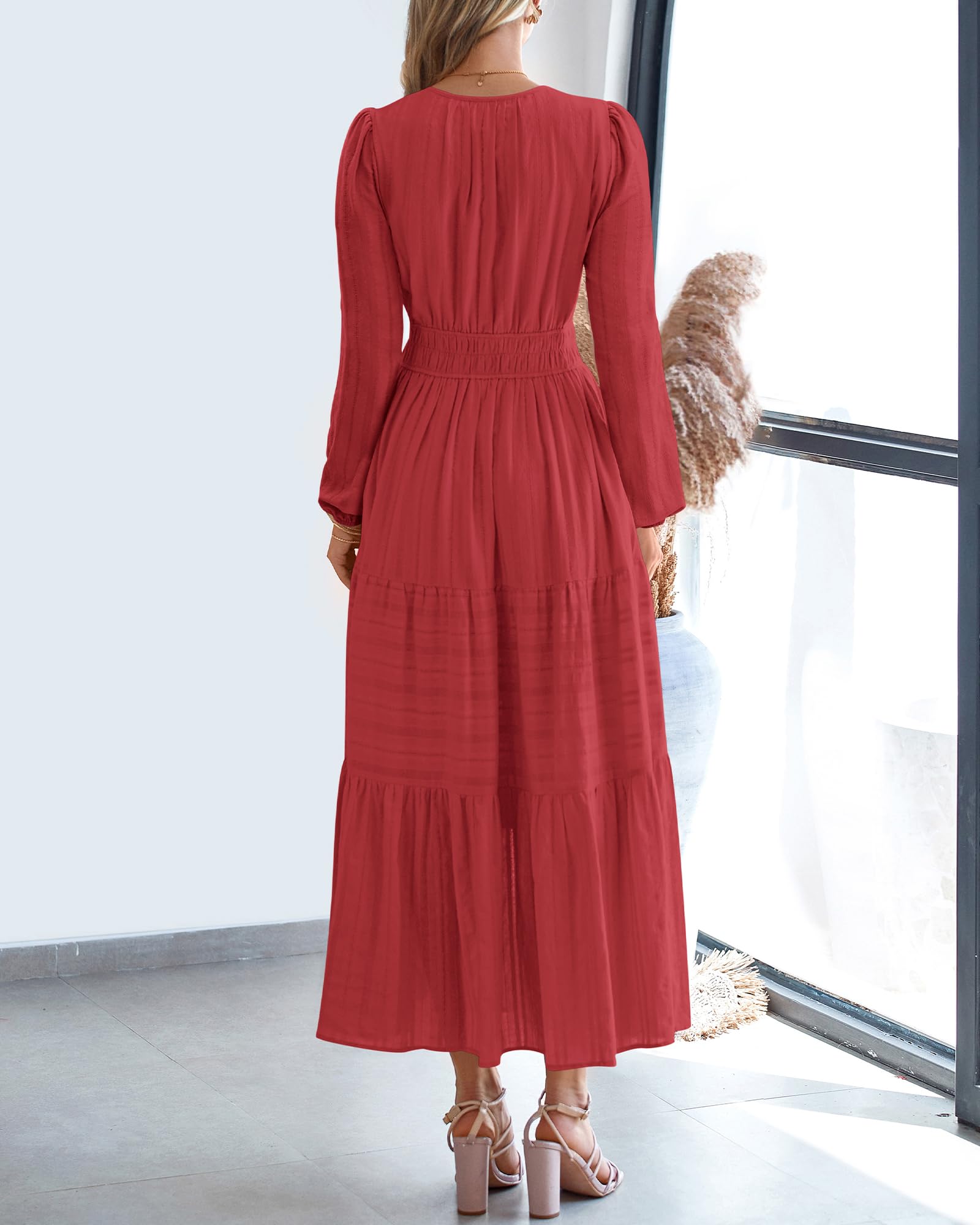 FreshPretty Fall Dresses for Women Casual Long Sleeve V Neck Elastic Waist Lightweight Maxi Wedding Guest Dress Pockets