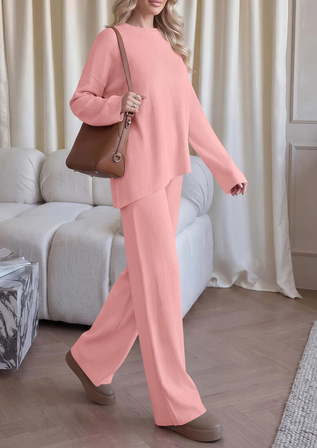 PRETTYGARDEN Womens Fall 2 Piece Asymmetric Cozy Sweater Travel Lounge Sets Crewneck Drop Shoulder Tops, Wide Leg Pants, Soft Casual Knit Matching Set,Vacation Airport Holiday Outfits