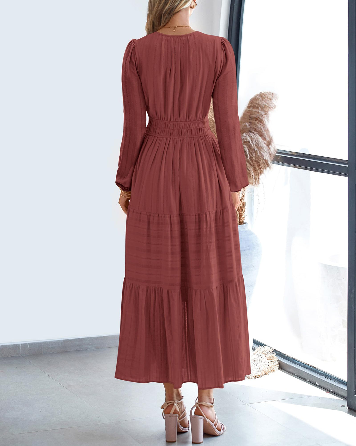 BTFBM Spring Dresses for Women 2026 Casual Long Sleeve V Neck Elastic Waist Lightweight Maxi Wedding Guest Dress Pockets