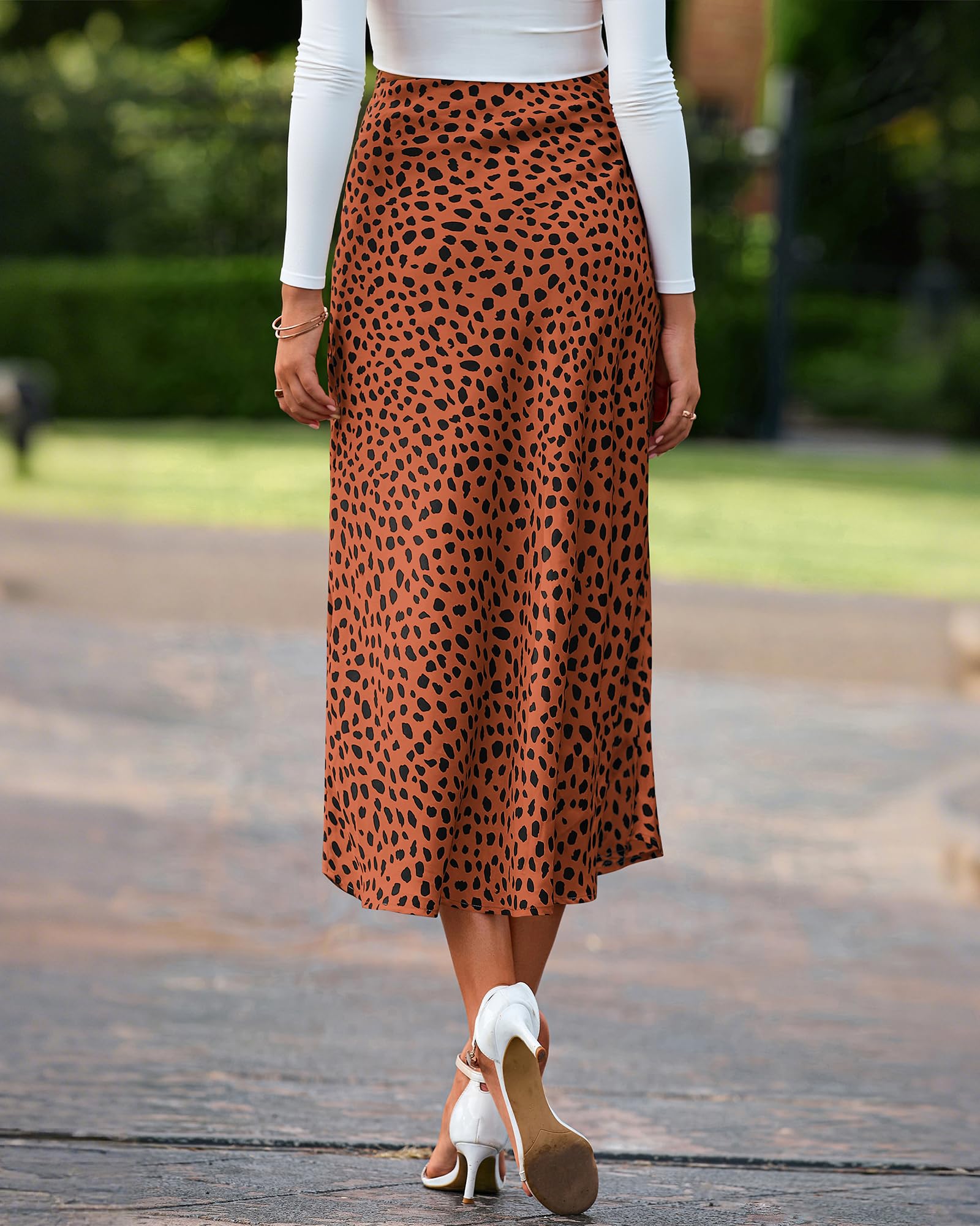 FreshPretty Satin Skirts for Women Trendy Spring Summer High Waisted Leopard Print Cocktail Wedding Long Silk Midi Skirt