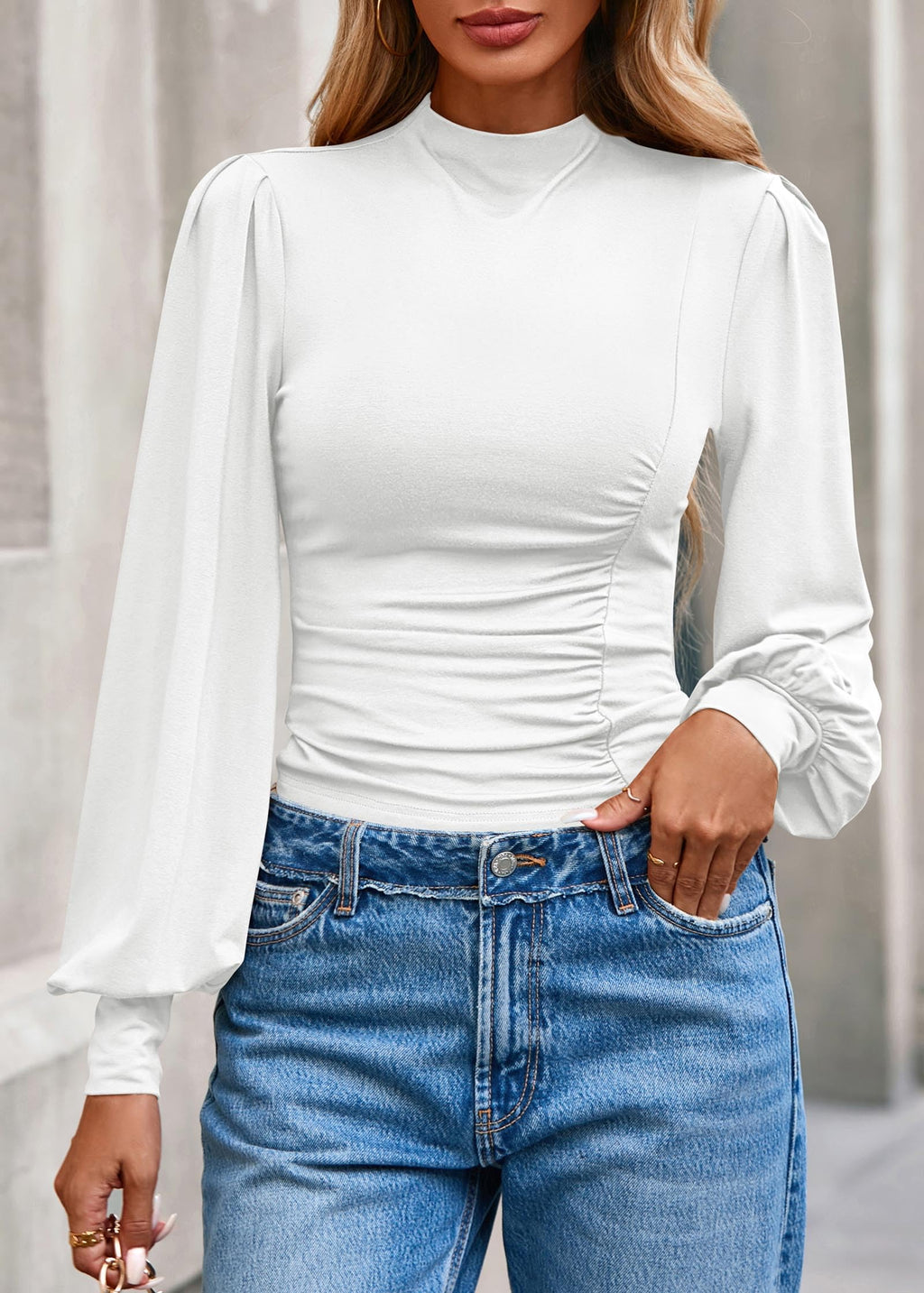 FreshPretty Blouses for Women Dressy Casual Spring Tops Fall Puff Long Sleeve Shirts Fitted Mock Neck Ruched Trendy Tops