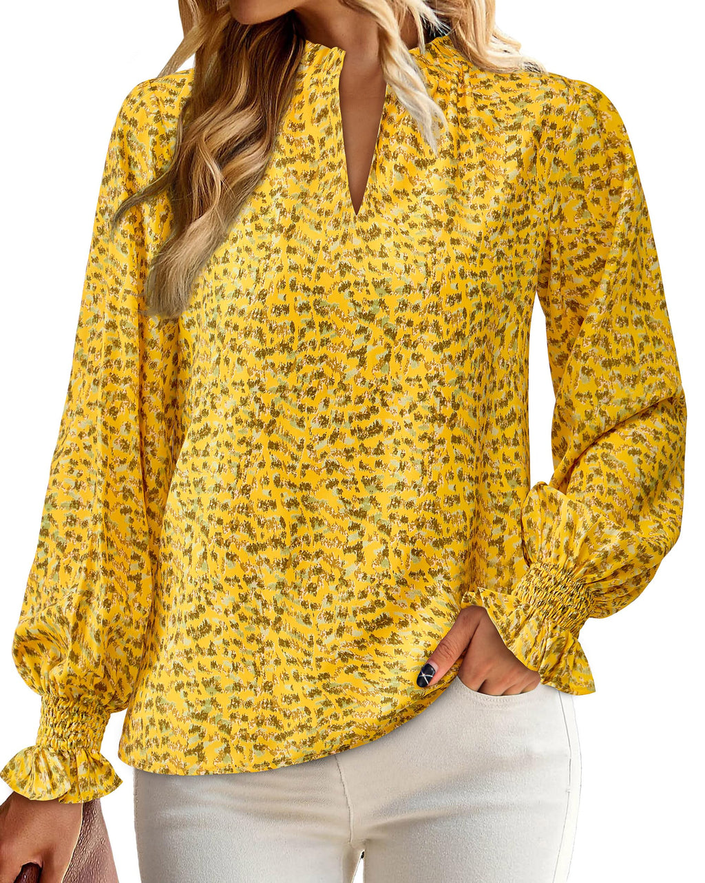 FreshPretty Womens V Neck Floral Long Sleeve Tops Summer Casual Loose Puff Sleeve Chiffon Boho Work Blouse Dressy T Shirts