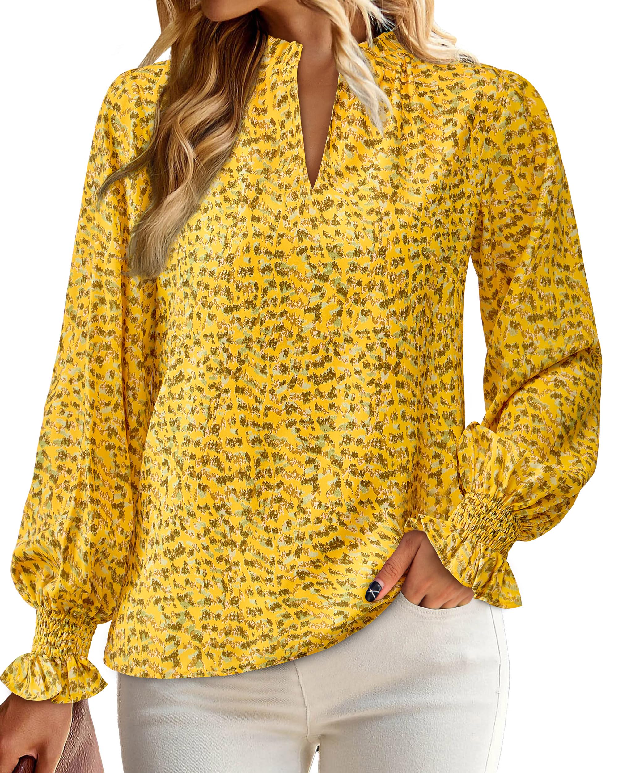 FreshPretty Womens V Neck Floral Long Sleeve Tops Summer Casual Loose Puff Sleeve Chiffon Boho Work Blouse Dressy T Shirts
