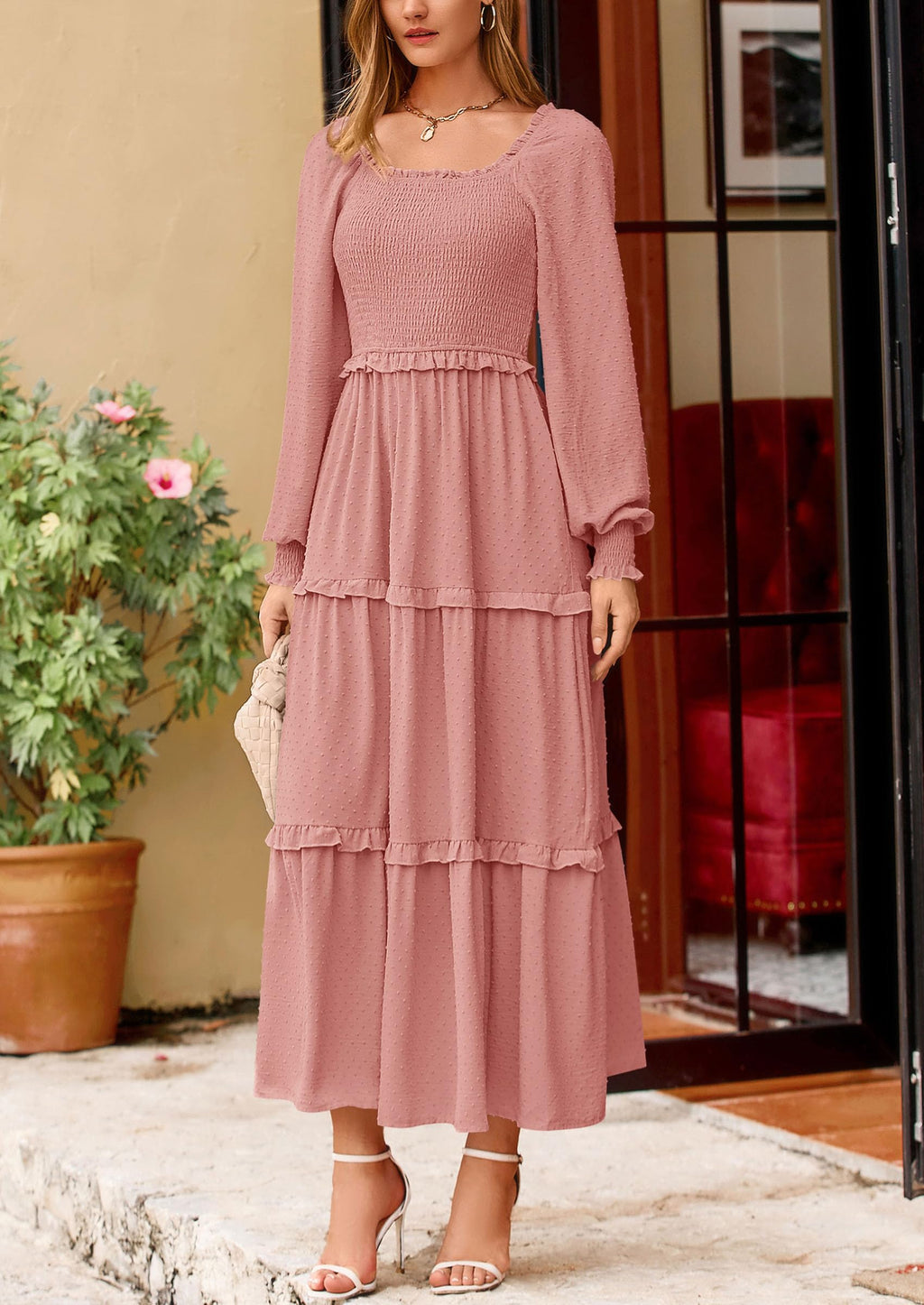 PRETTYGARDEN Fall Dresses for Women Long Sleeve Smocked Square Neck Swiss Dot Tiered Flowy Wedding Guest Maxi Dress