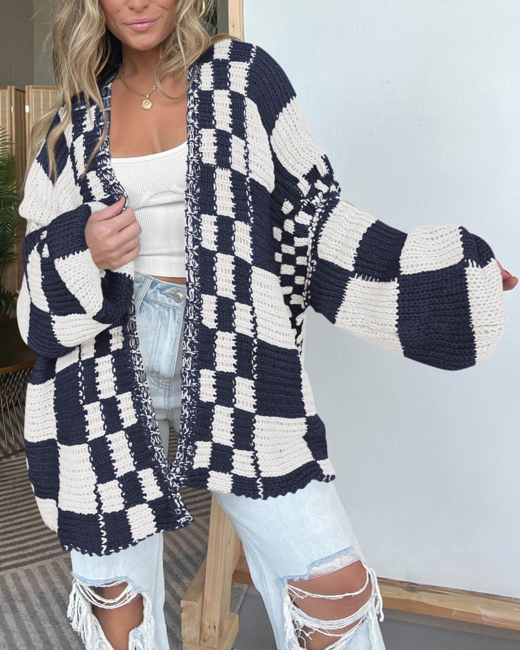 FreshPretty Casual Cardigan Sweater for Women Fall Long Sleeve Open Front Chunky Knit Sweaters Checkered Outwear Coat