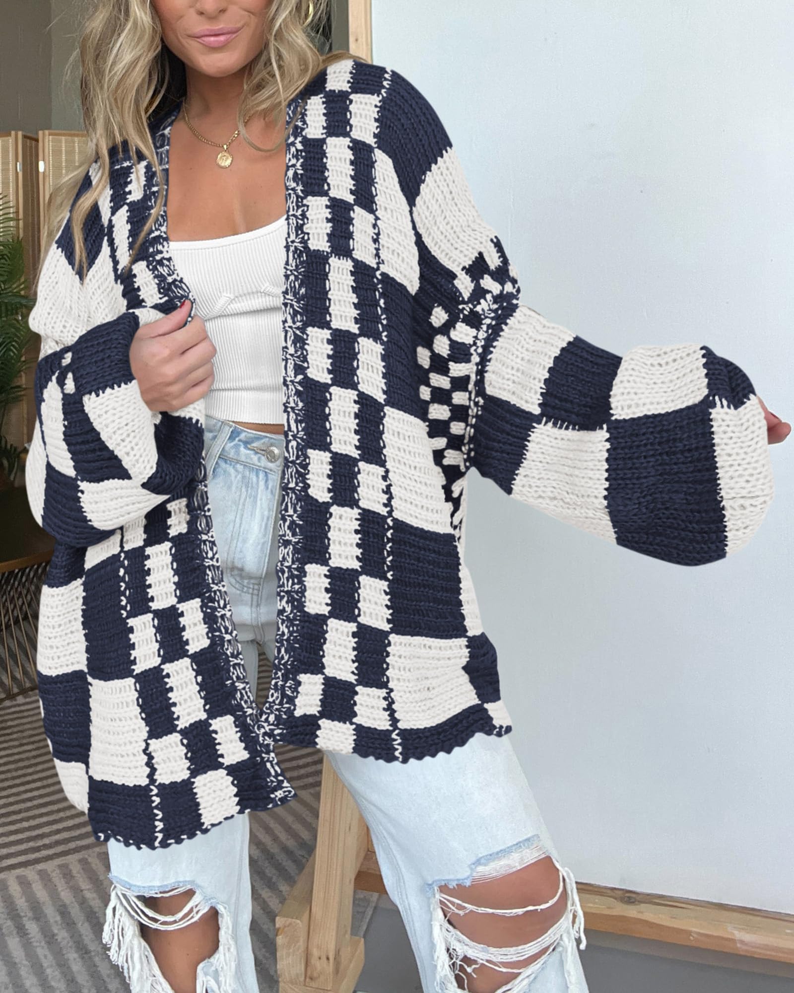 FreshPretty Casual Cardigan Sweater for Women Fall Long Sleeve Open Front Chunky Knit Sweaters Checkered Outwear Coat