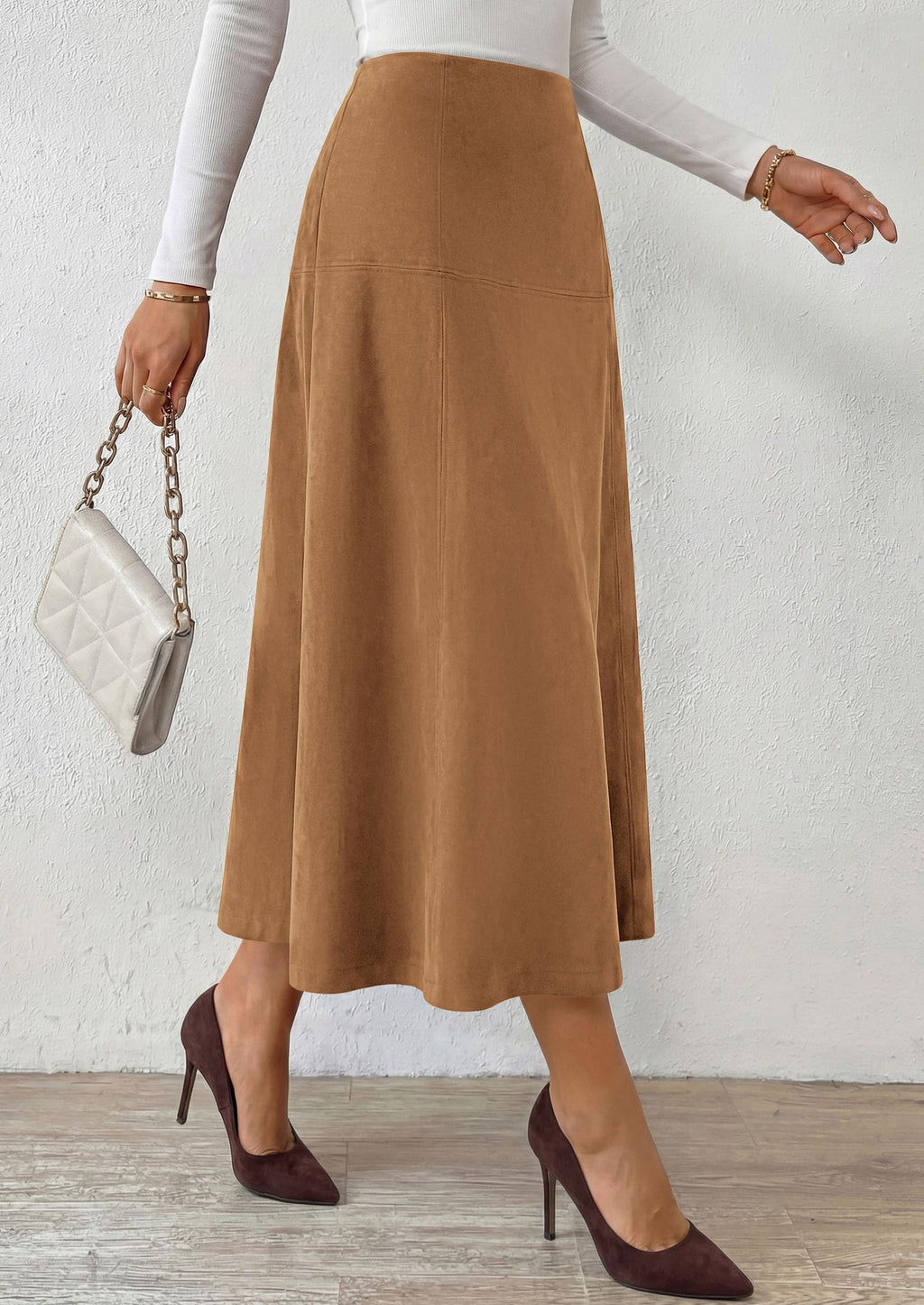PRETTYGARDEN Womens High Waist Faux Suede A Line Midi Skirt | Hidden Stretch Elastic Waist, Front Back Panel Stitching, Vintage Elegant Mid-Calf Long Skirts for Fall Winter Office Daily