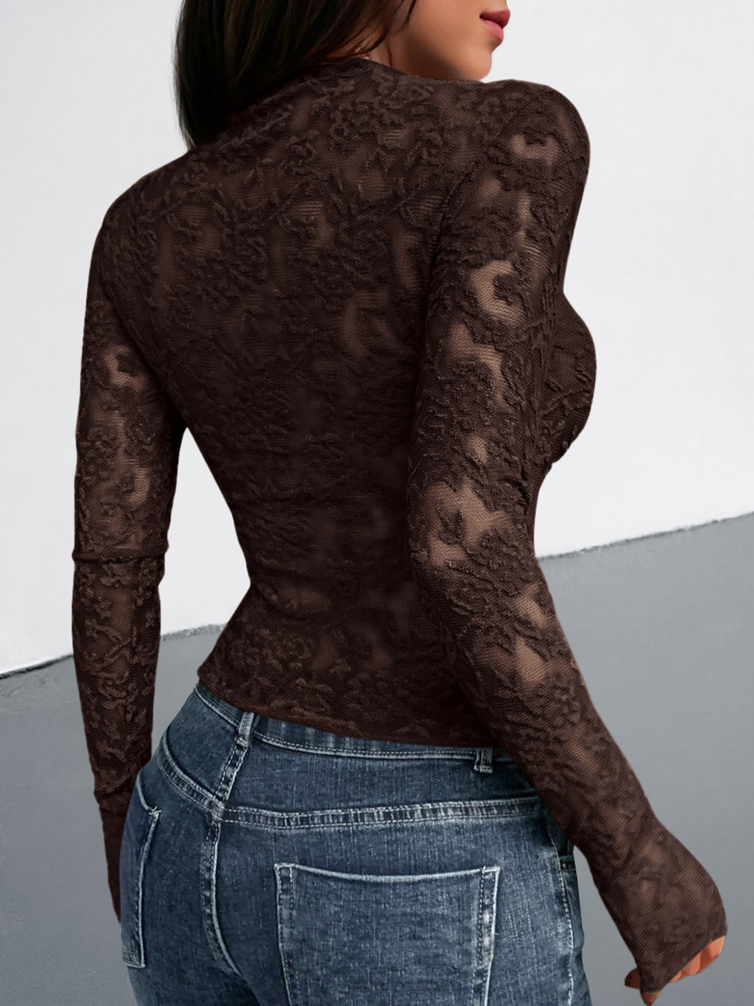BTFBM Mesh Long Sleeve Tops for Women Lace Sheer Tight See Through Crew Neck Spring Fall Party Club Outfits